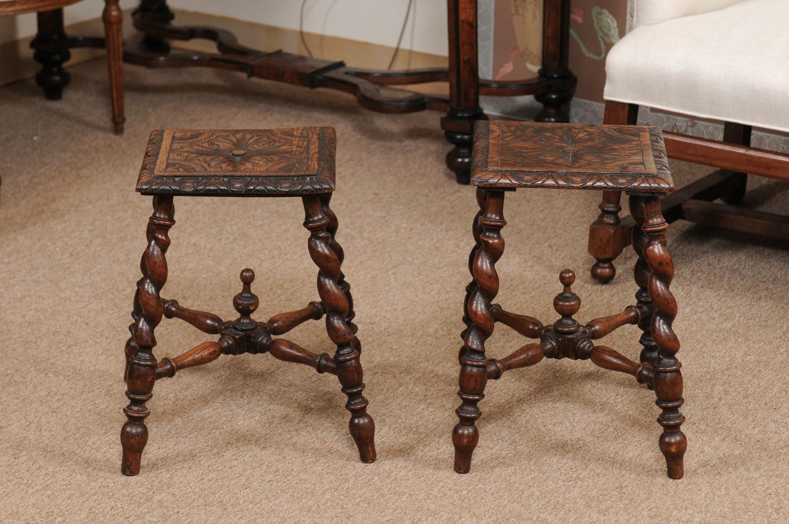 English Pair of Jacobean Style Carved Oak Barley Twist Stools, Early 19th Century