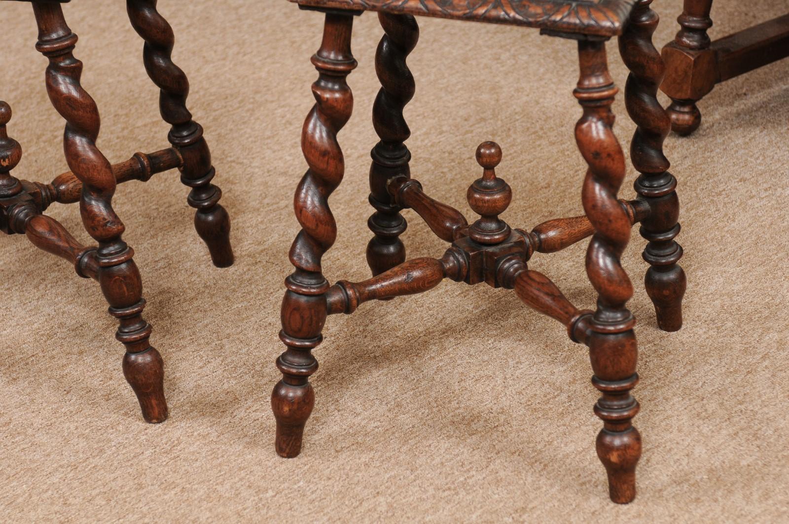 Pair of Jacobean Style Carved Oak Barley Twist Stools, Early 19th Century In Good Condition In Atlanta, GA