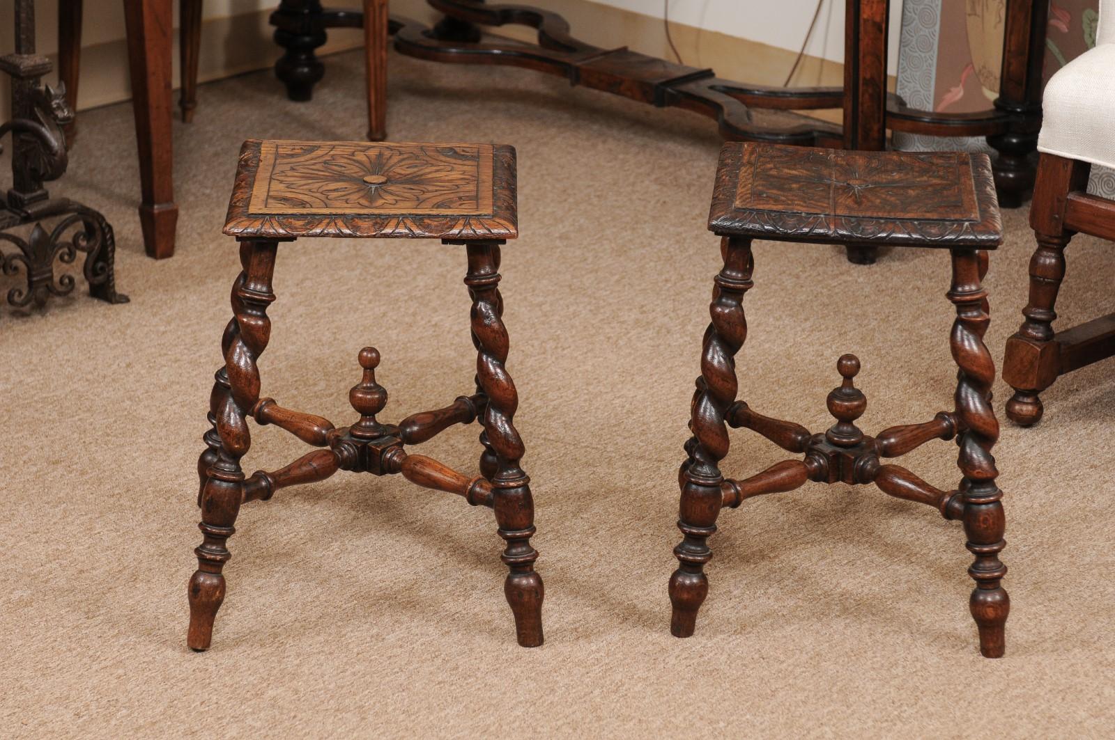 Pair of Jacobean Style Carved Oak Barley Twist Stools, Early 19th Century 2