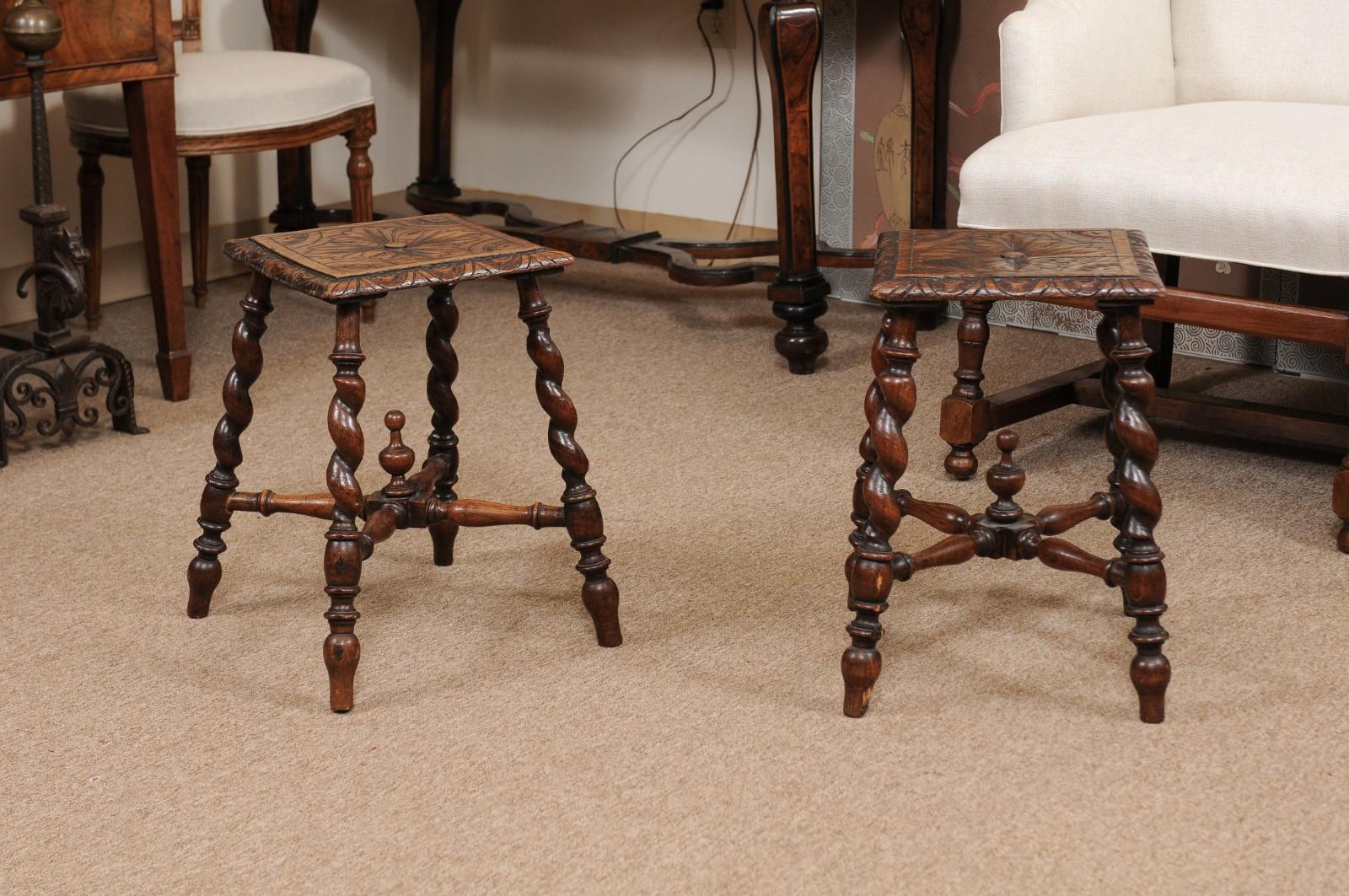 Pair of Jacobean Style Carved Oak Barley Twist Stools, Early 19th Century 3