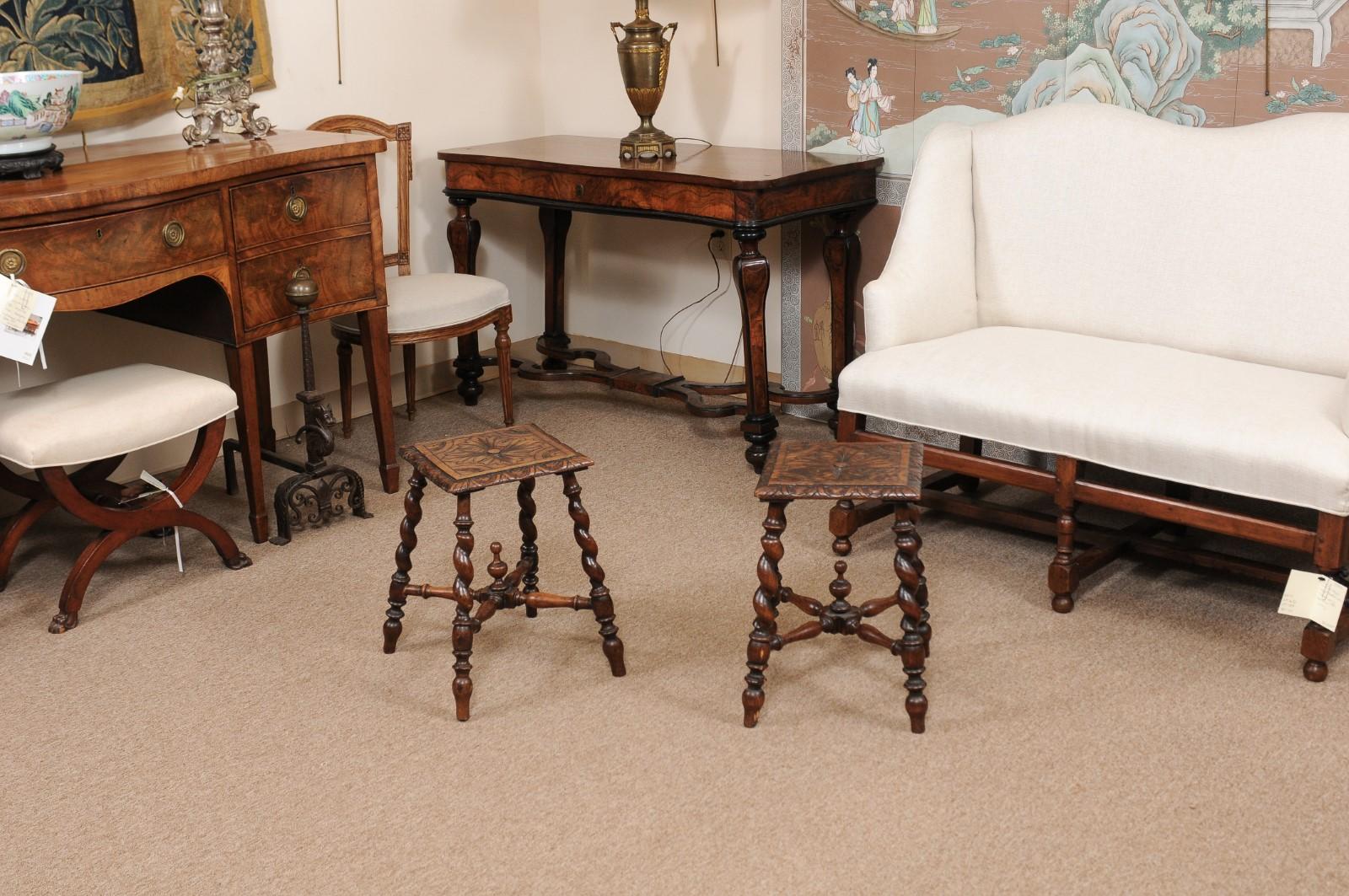 Pair of Jacobean Style Carved Oak Barley Twist Stools, Early 19th Century 4