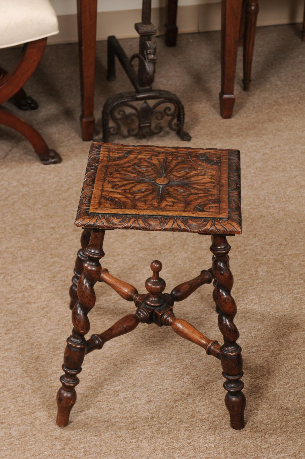 Pair of Jacobean Style Carved Oak Barley Twist Stools, Early 19th Century 5