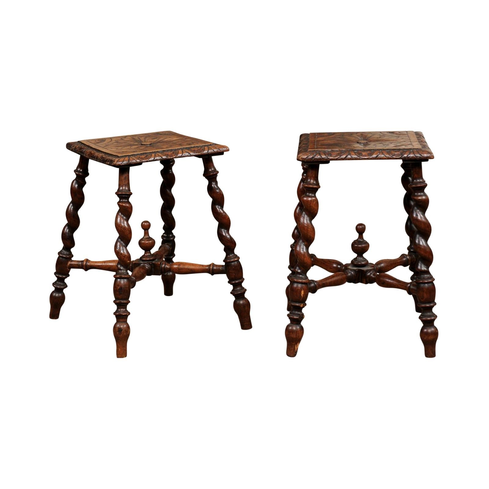 Pair of Jacobean Style Carved Oak Barley Twist Stools, Early 19th Century
