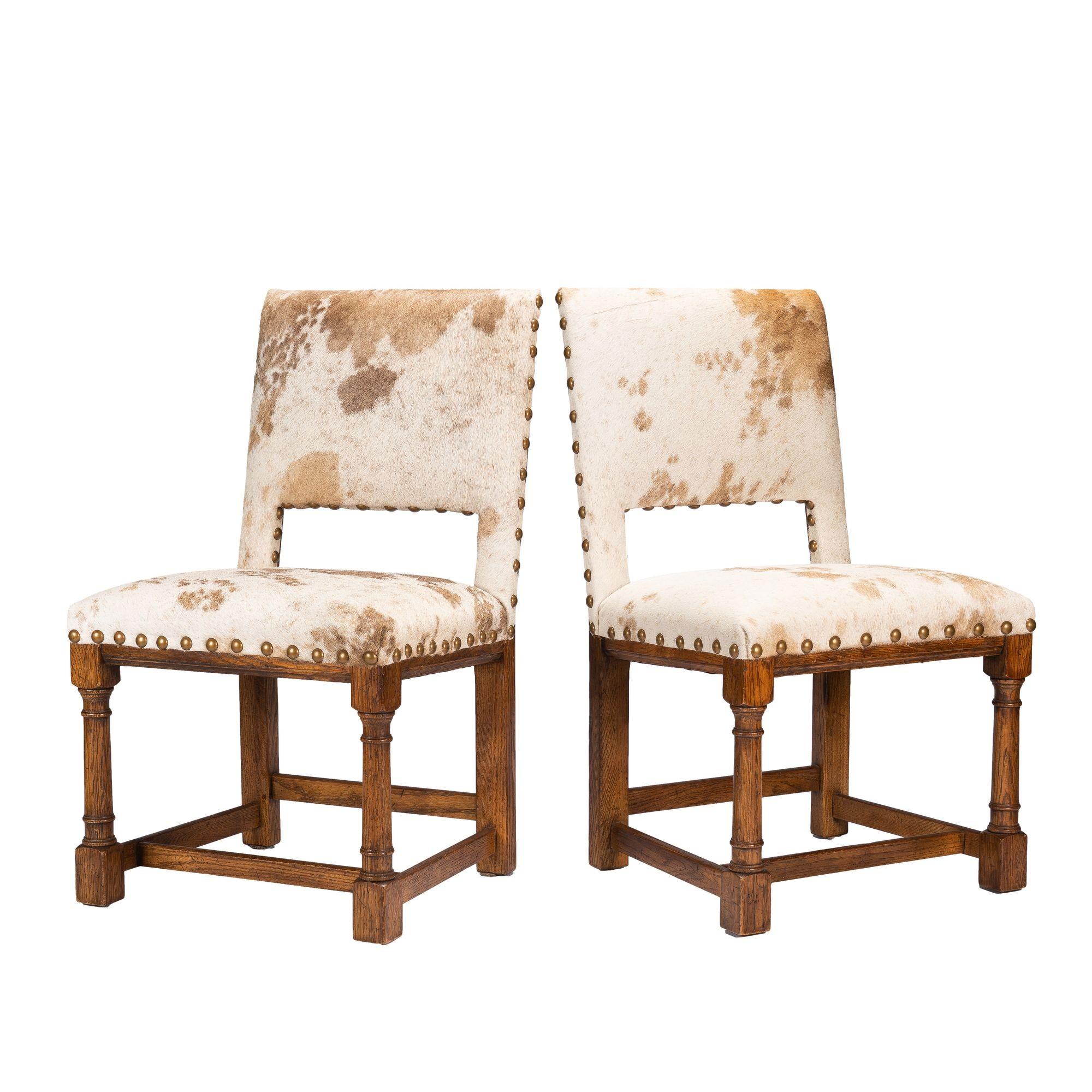 Pair of Jacobean style hair on hide oak side chairs, 1920-35 For Sale 3