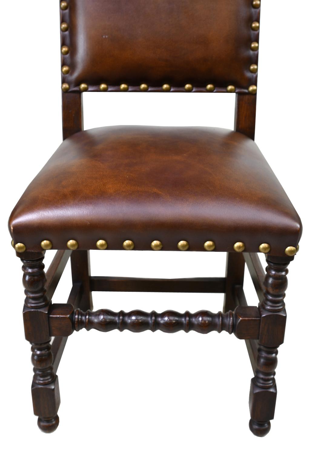 Pair of Jacobean Style Oak Dining Chairs with Leather Upholstery, Belgium 4