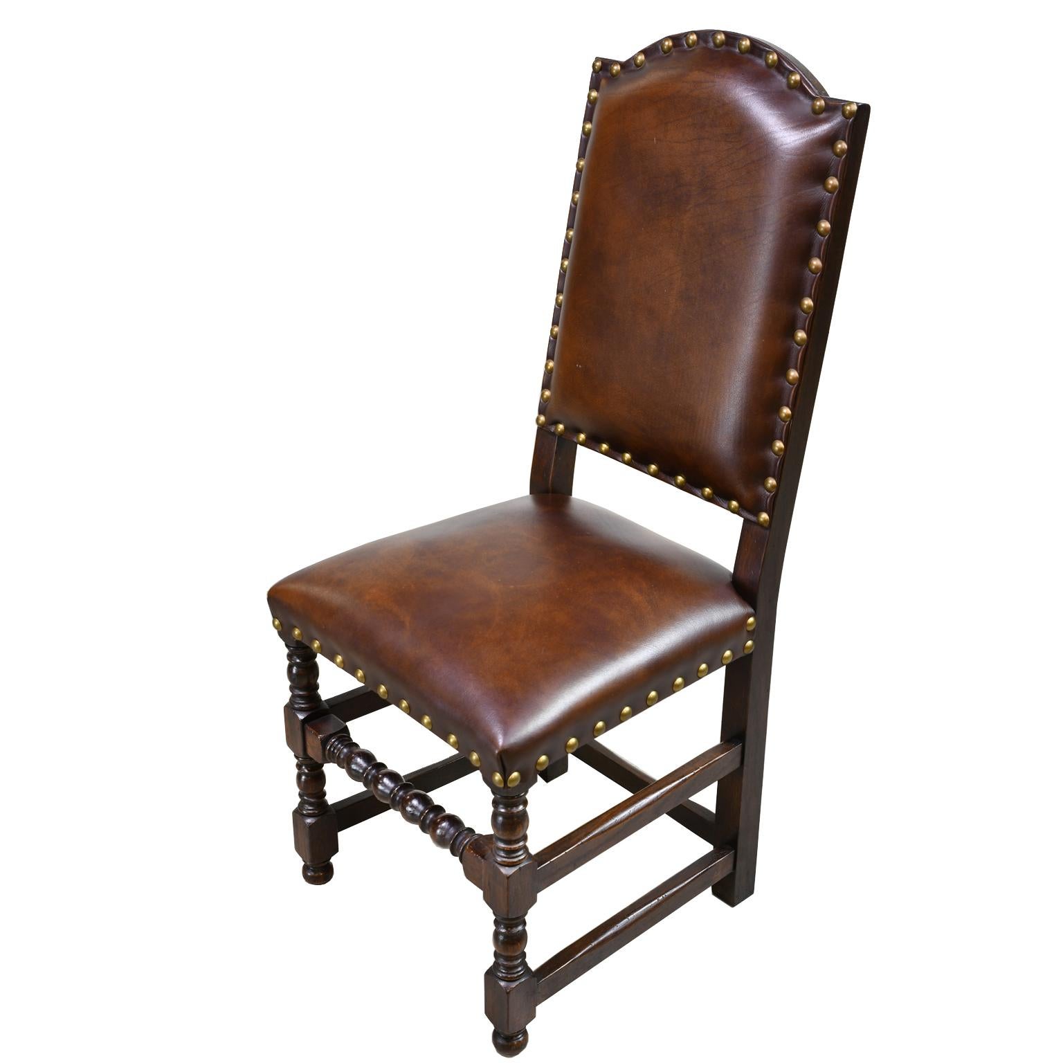 Belgian Pair of Jacobean Style Oak Dining Chairs with Leather Upholstery, Belgium