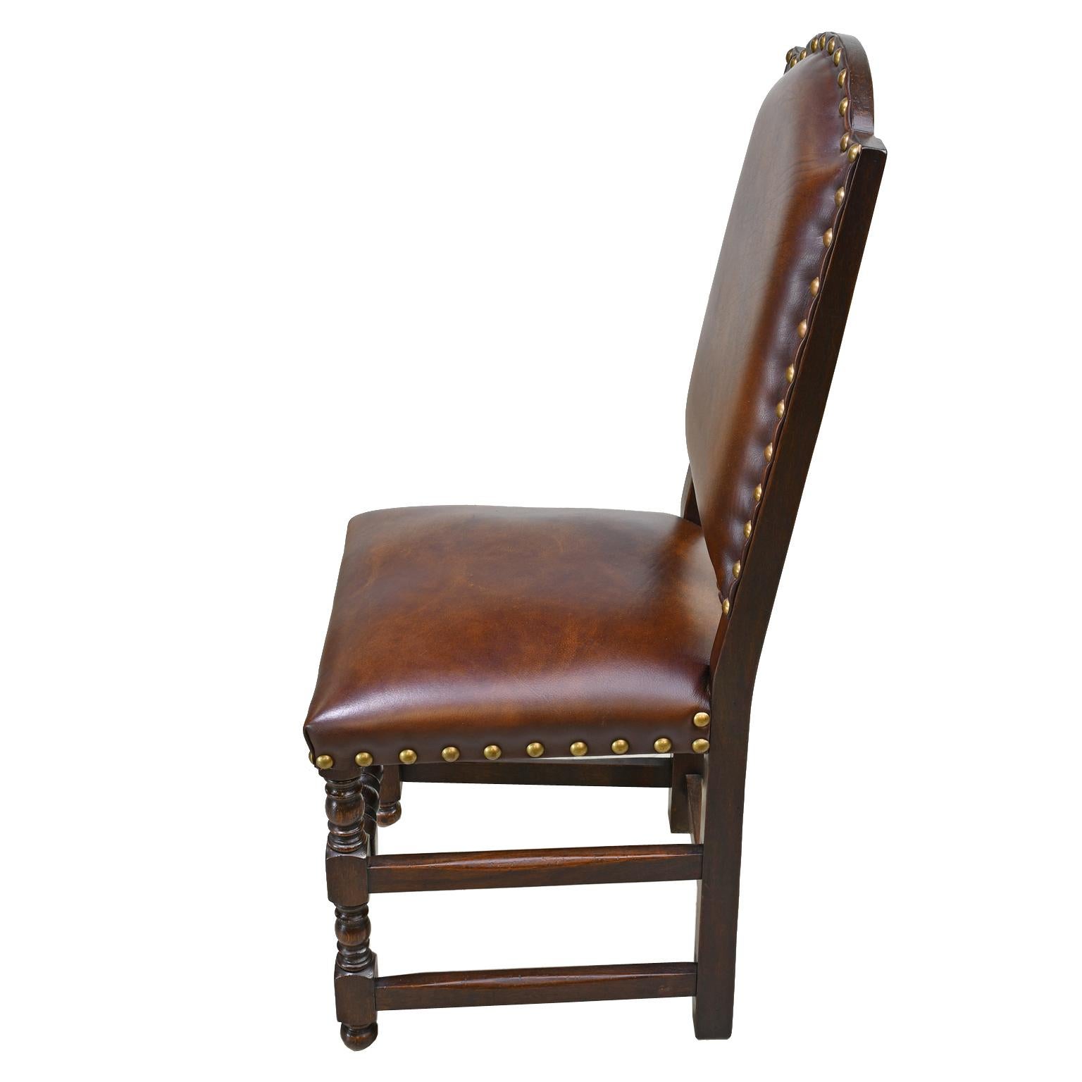 Turned Pair of Jacobean Style Oak Dining Chairs with Leather Upholstery, Belgium