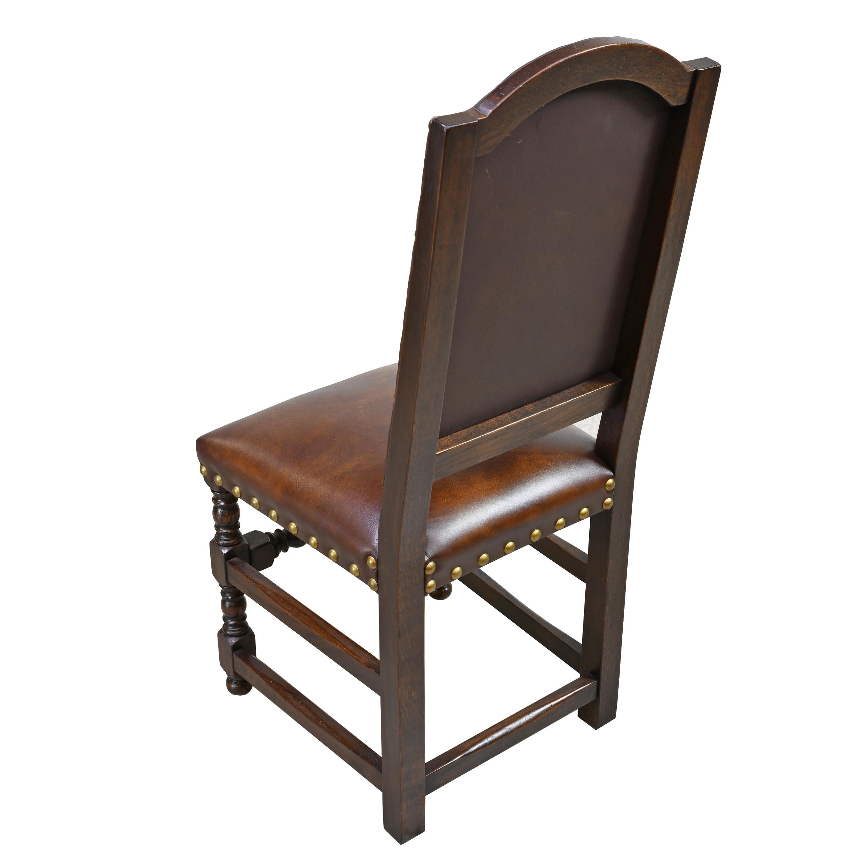 Pair of Jacobean Style Oak Dining Chairs with Leather Upholstery, Belgium In Good Condition In Miami, FL