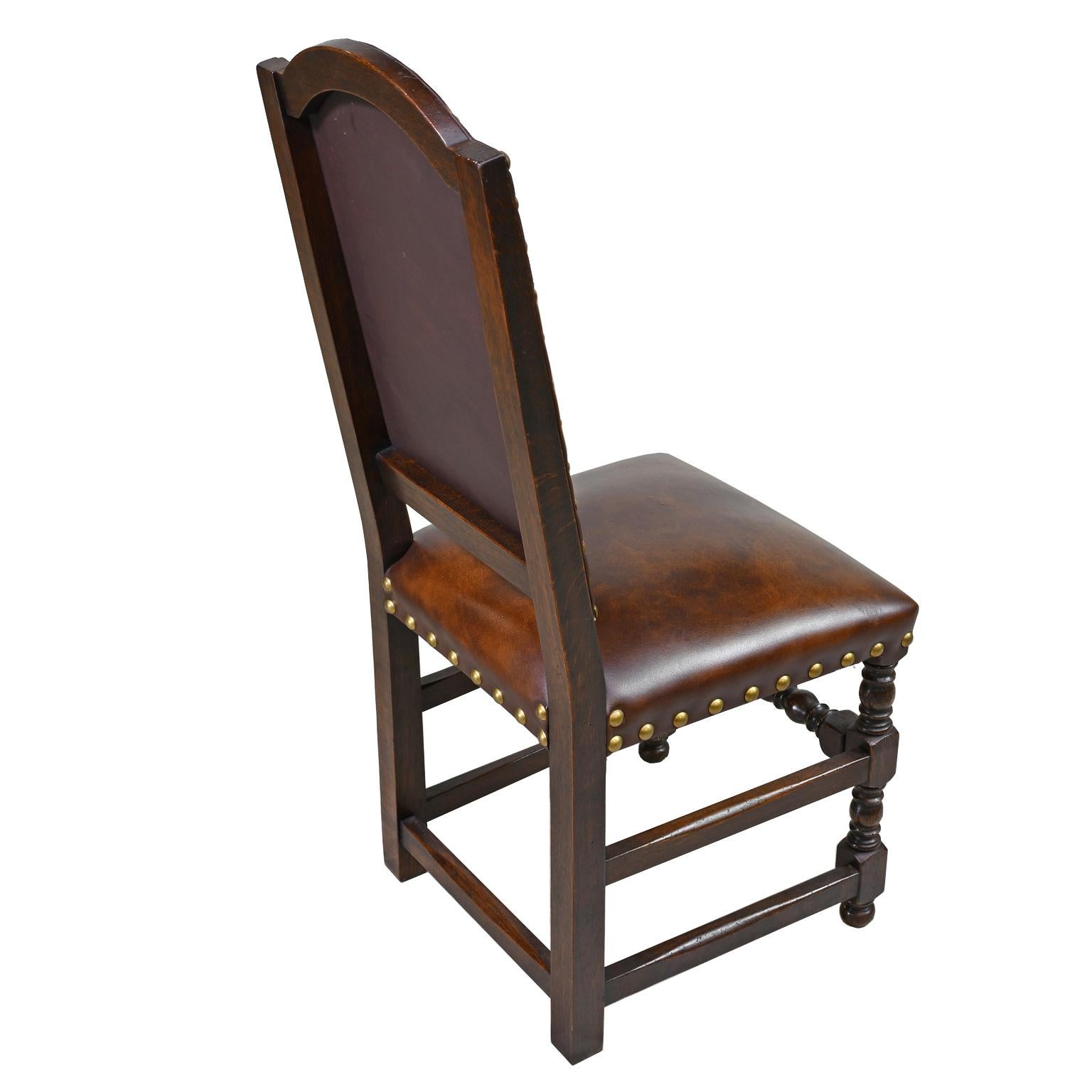 Pair of Jacobean Style Oak Dining Chairs with Leather Upholstery, Belgium 1
