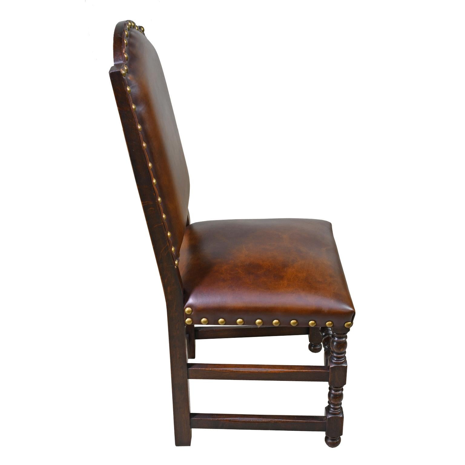 Pair of Jacobean Style Oak Dining Chairs with Leather Upholstery, Belgium 2