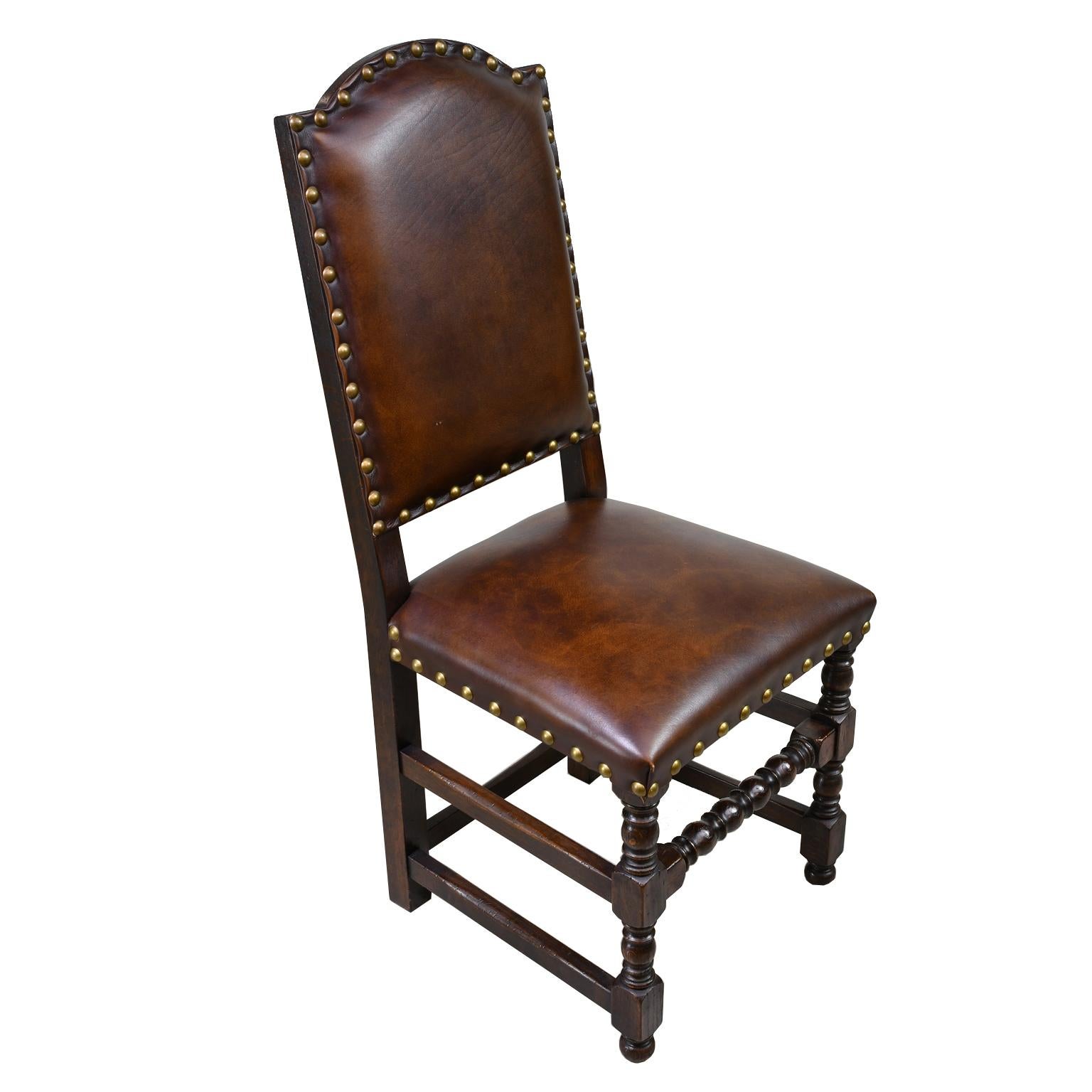Pair of Jacobean Style Oak Dining Chairs with Leather Upholstery, Belgium 3