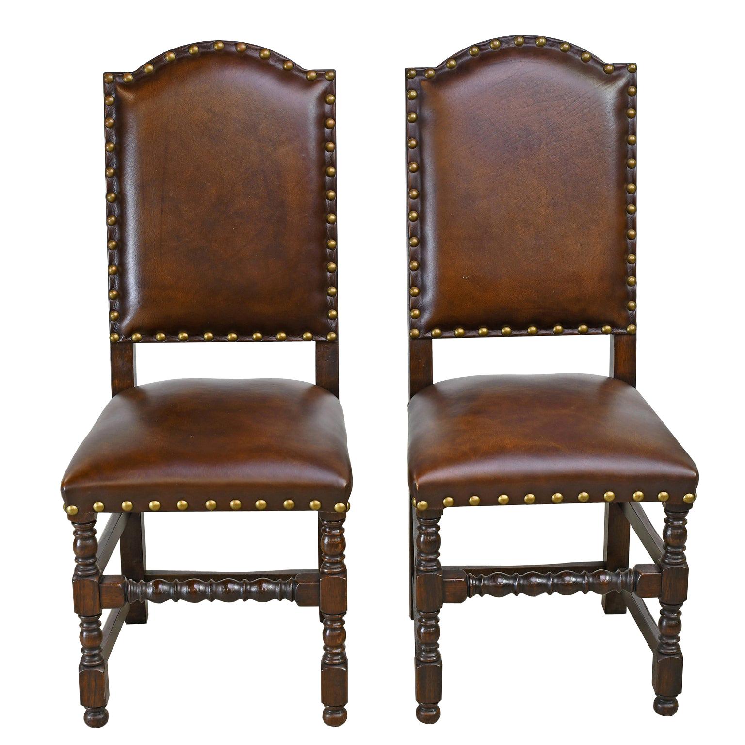Pair of Jacobean Style Oak Dining Chairs with Leather Upholstery, Belgium