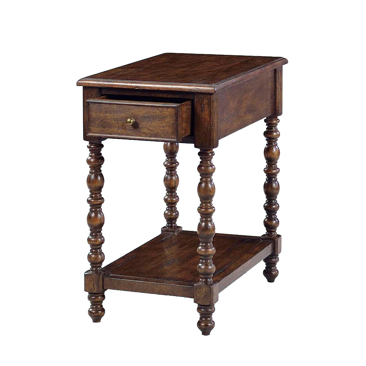 A Jacobean style rectangular one-drawer side table with an ogee top edge, in our distressed rustic country wood tone with natural highlights, with a hand-rubbed satin finish with a brass pull and lower shelf stretcher.

Dimensions: 14