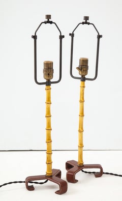 Pair of Jacques Adnet Bamboo and Leather Table Lamps