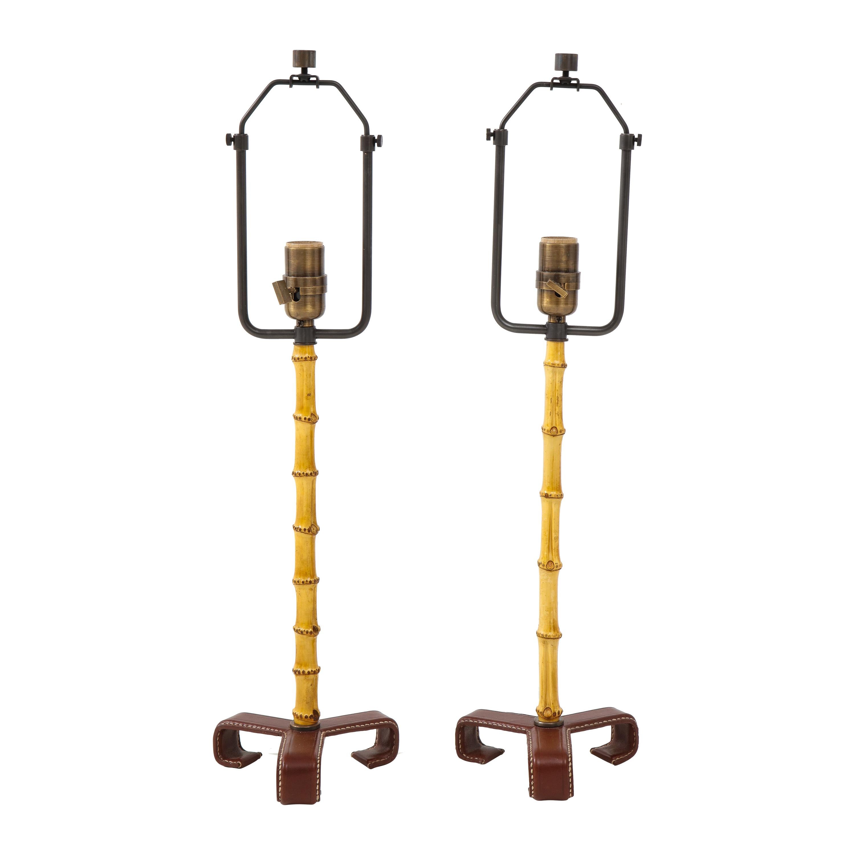 Pair of Jacques Adnet Bamboo and Leather Table Lamps