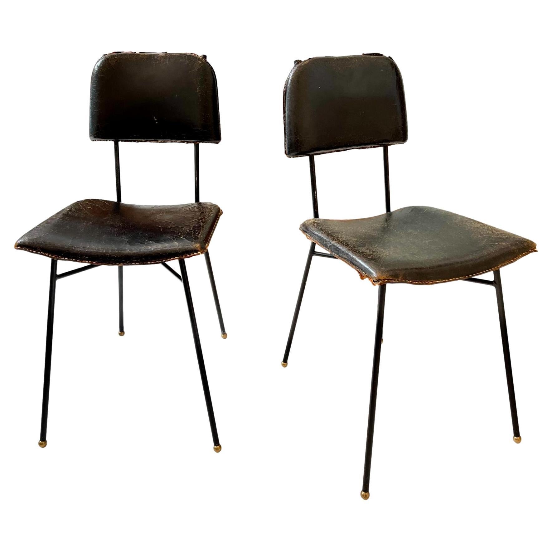 Pair of Jacques Adnet Black Leather Chairs, 1950s France