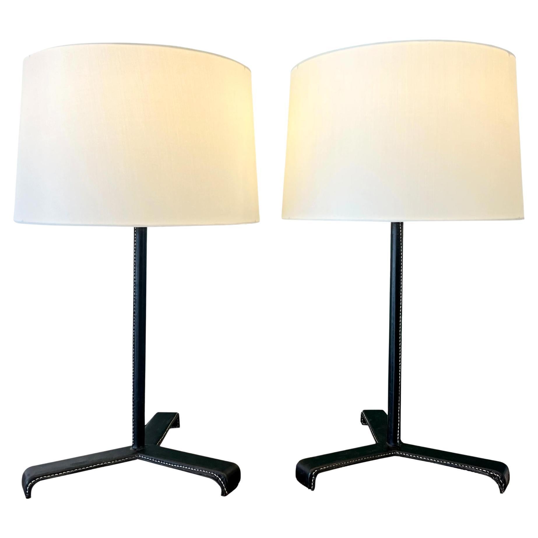 Pair of Jacques Adnet Black Leather Table Lamps, 1950s France