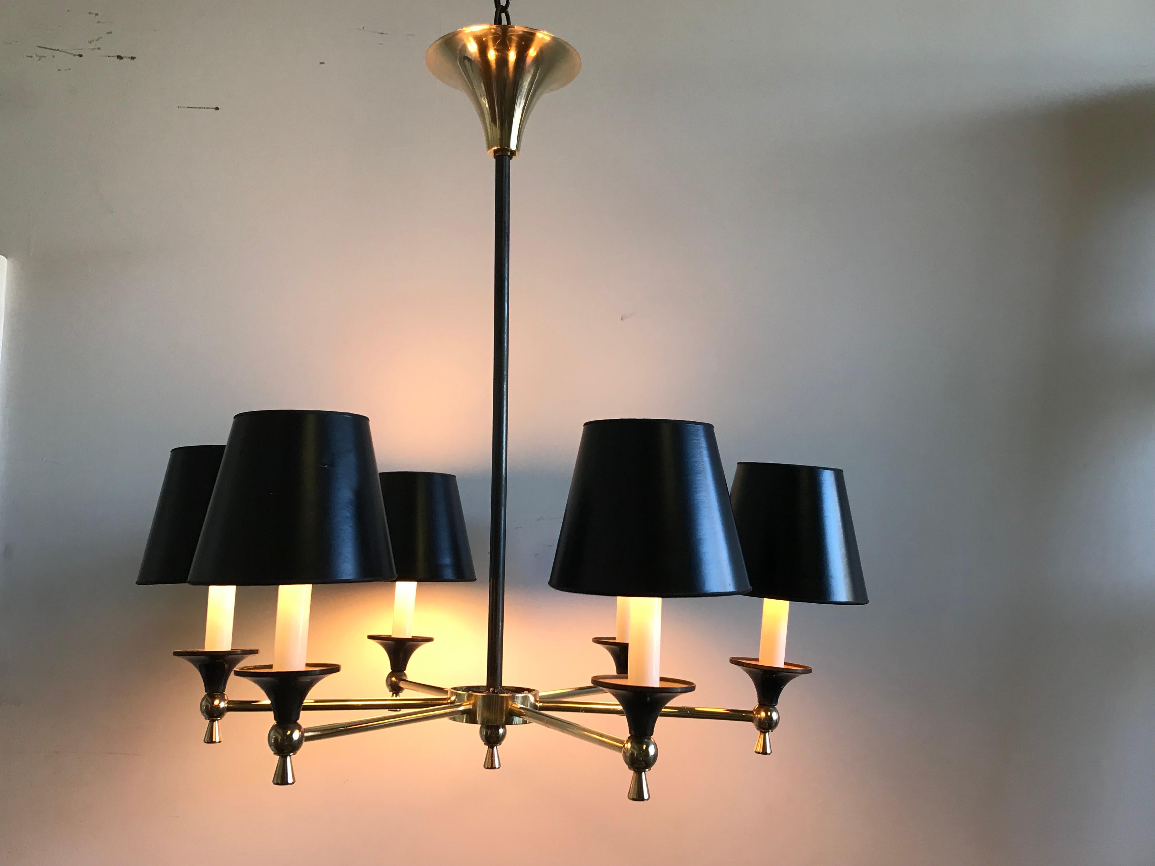 Art Deco Pair of Jacques Adnet French 6-Light Chandeliers