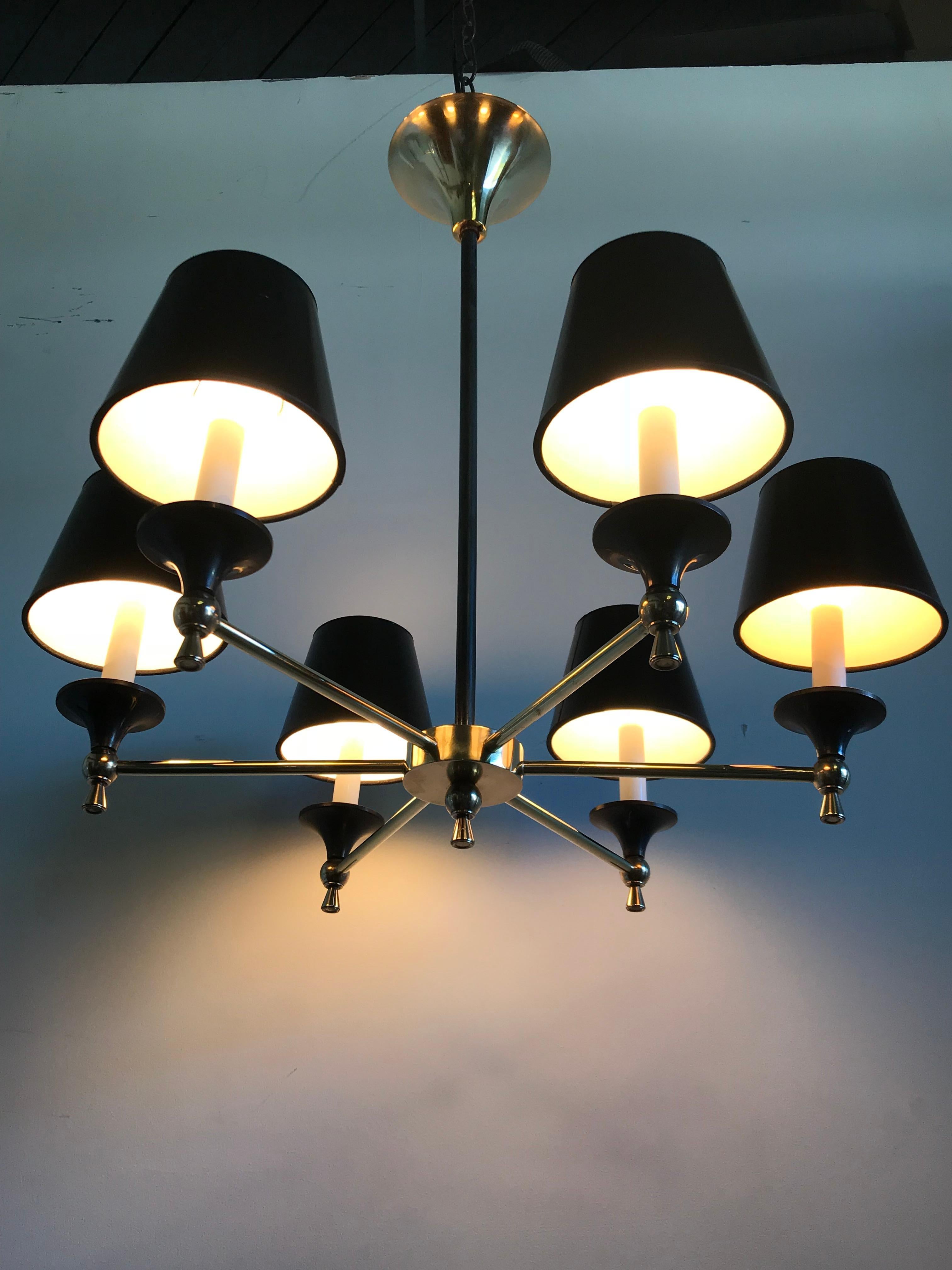 Pair of Jacques Adnet French 6-Light Chandeliers In Excellent Condition In Pasadena, CA