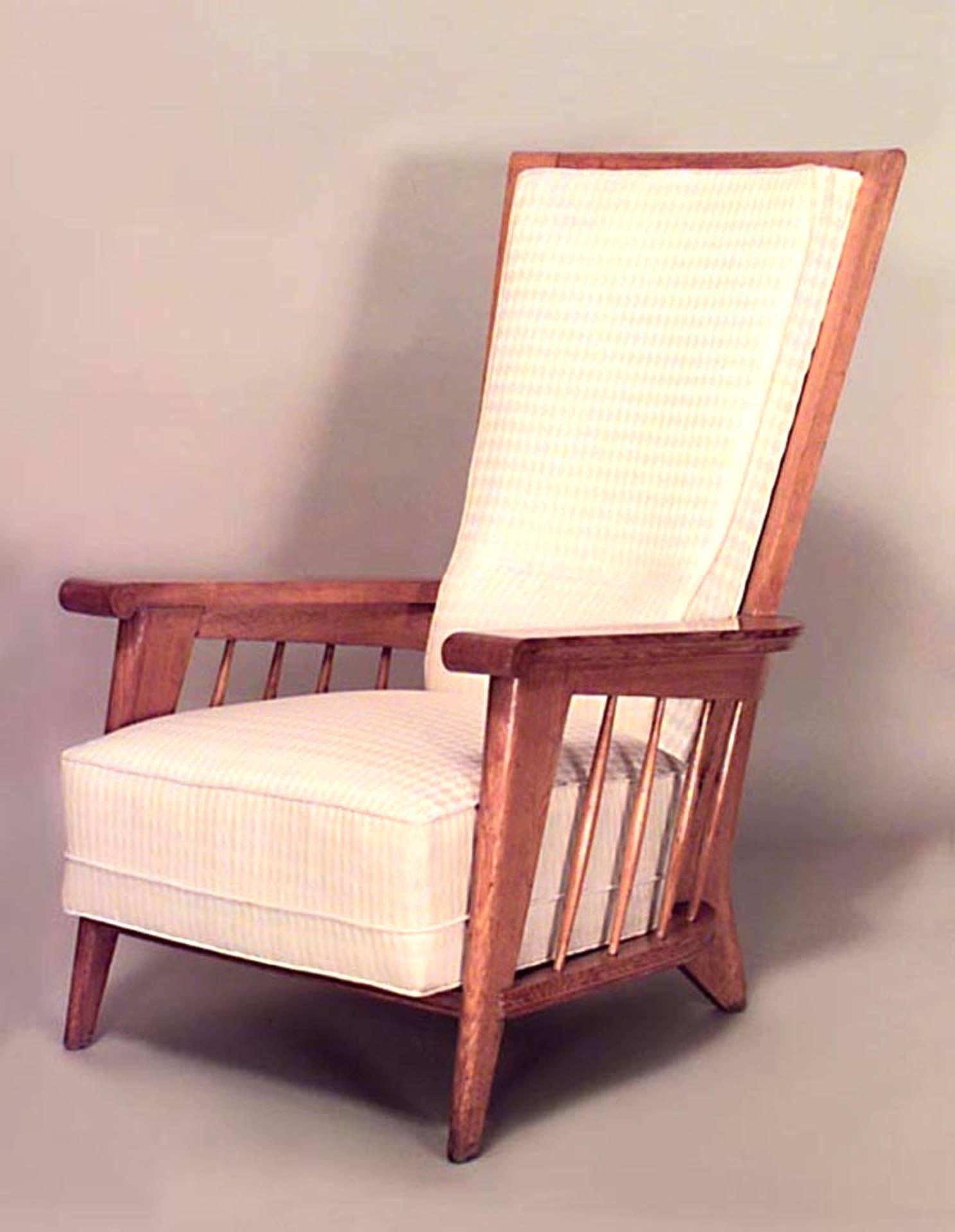 Mid-Century Modern Pair of French Jacques Adnet Oak Upholstered Armchairs For Sale