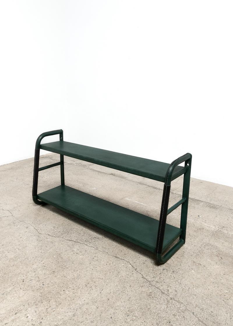 Pair of Jacques Adnet Green Leather Wall Shelves In Good Condition For Sale In Los Angeles, CA