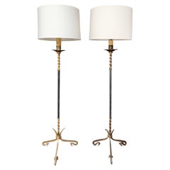 Pair of Jacques Adnet-Inspired Iron & Leather Floor Lamps by Ferro Art