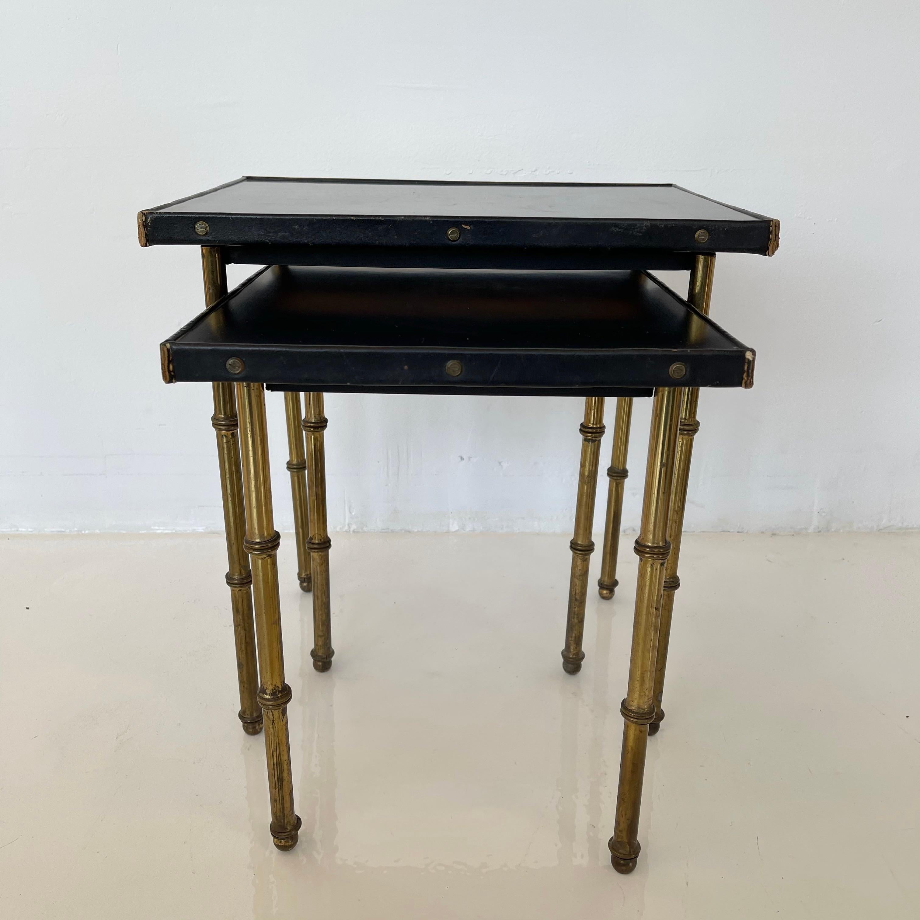 Pair of Jacques Adnet Leather and Brass Nesting Tables, 1950s France 5