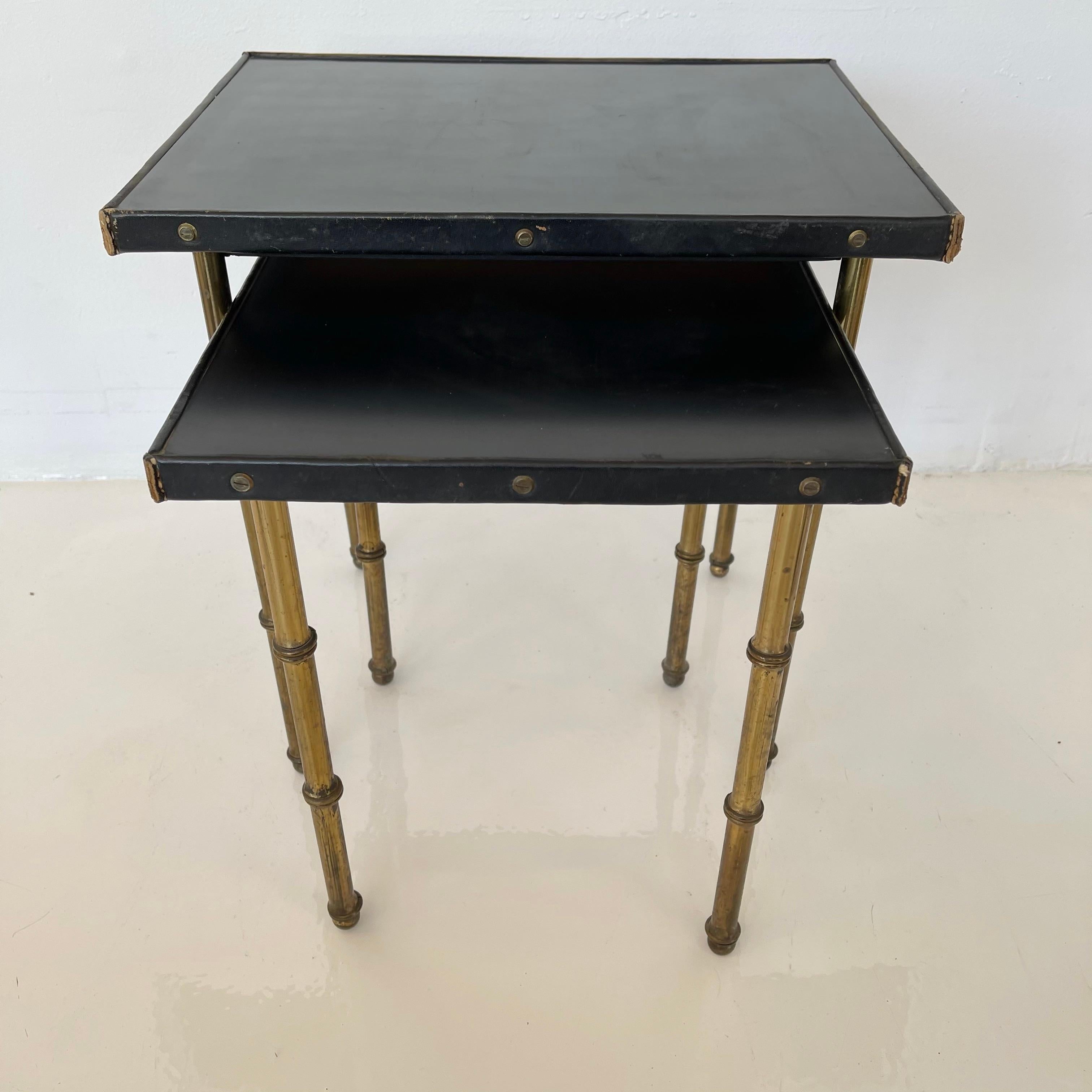 Pair of Jacques Adnet Leather and Brass Nesting Tables, 1950s France 6