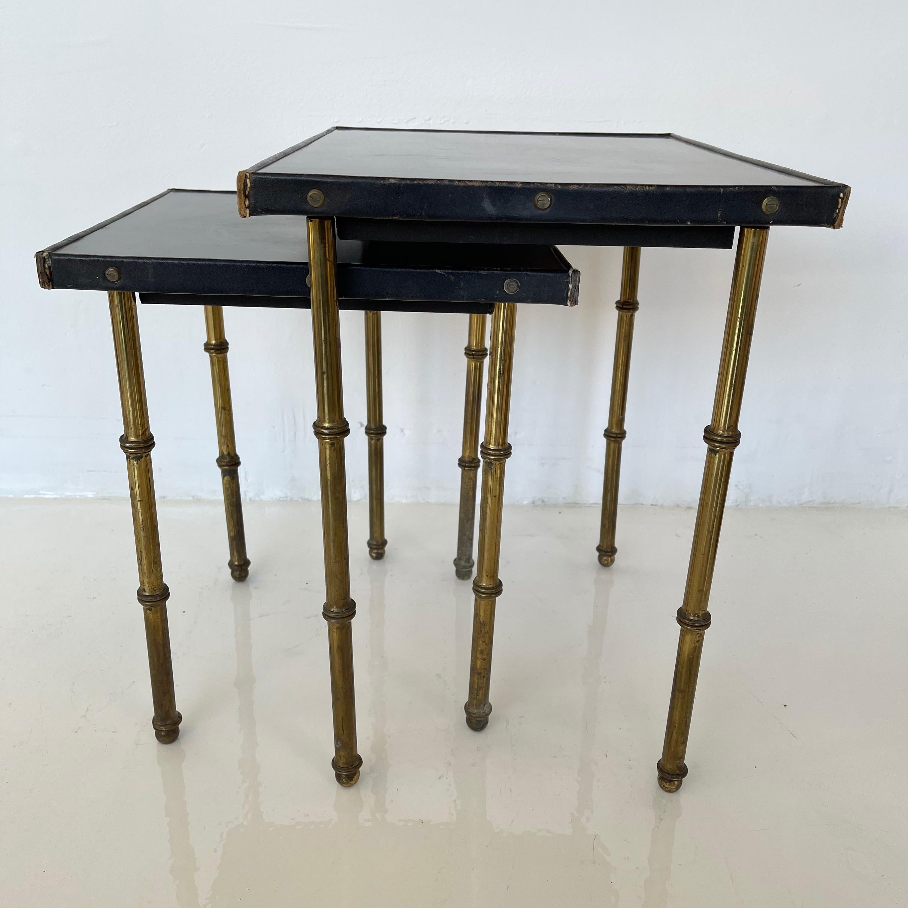 Pair of Jacques Adnet Leather and Brass Nesting Tables, 1950s France 7