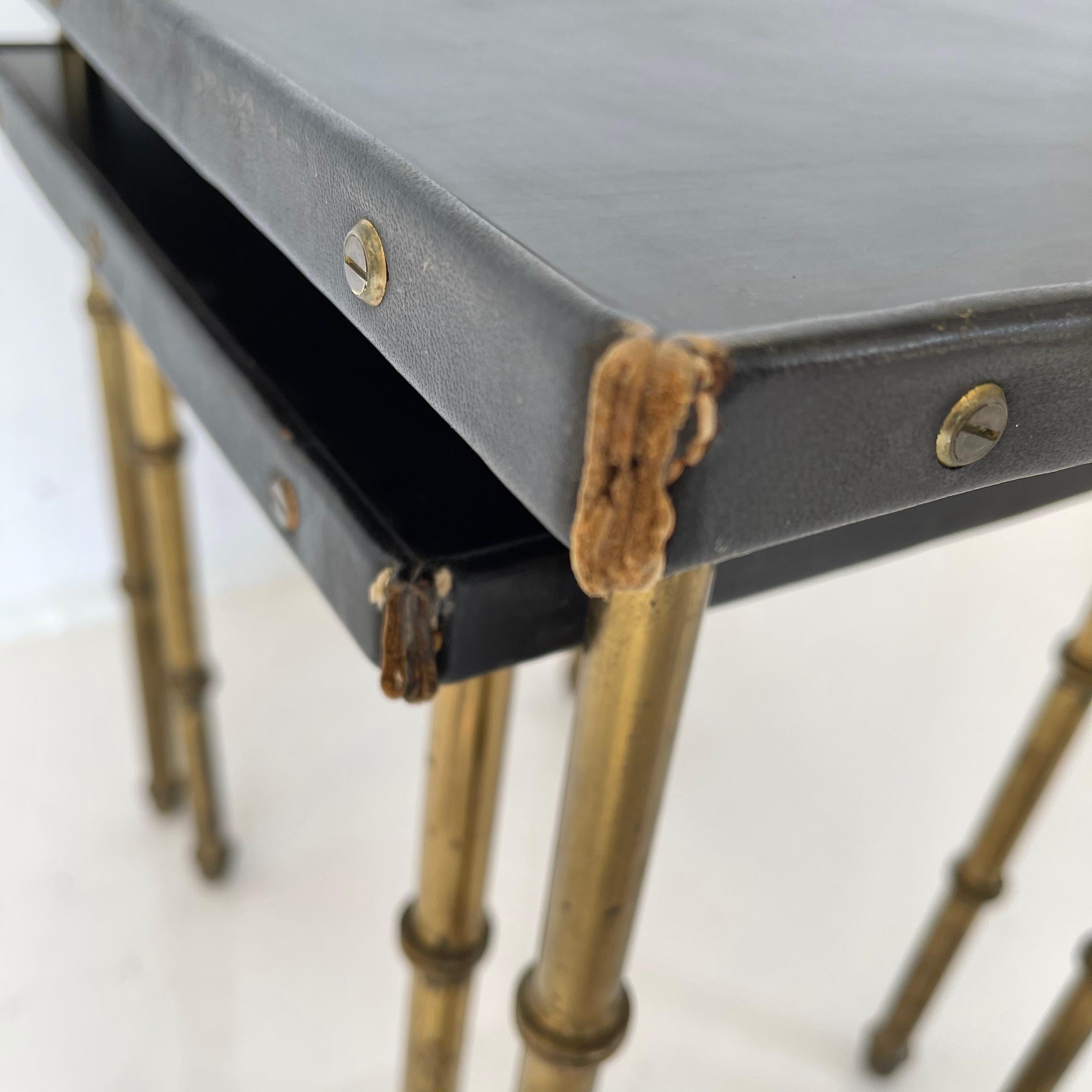 Pair of Jacques Adnet Leather and Brass Nesting Tables, 1950s France 8
