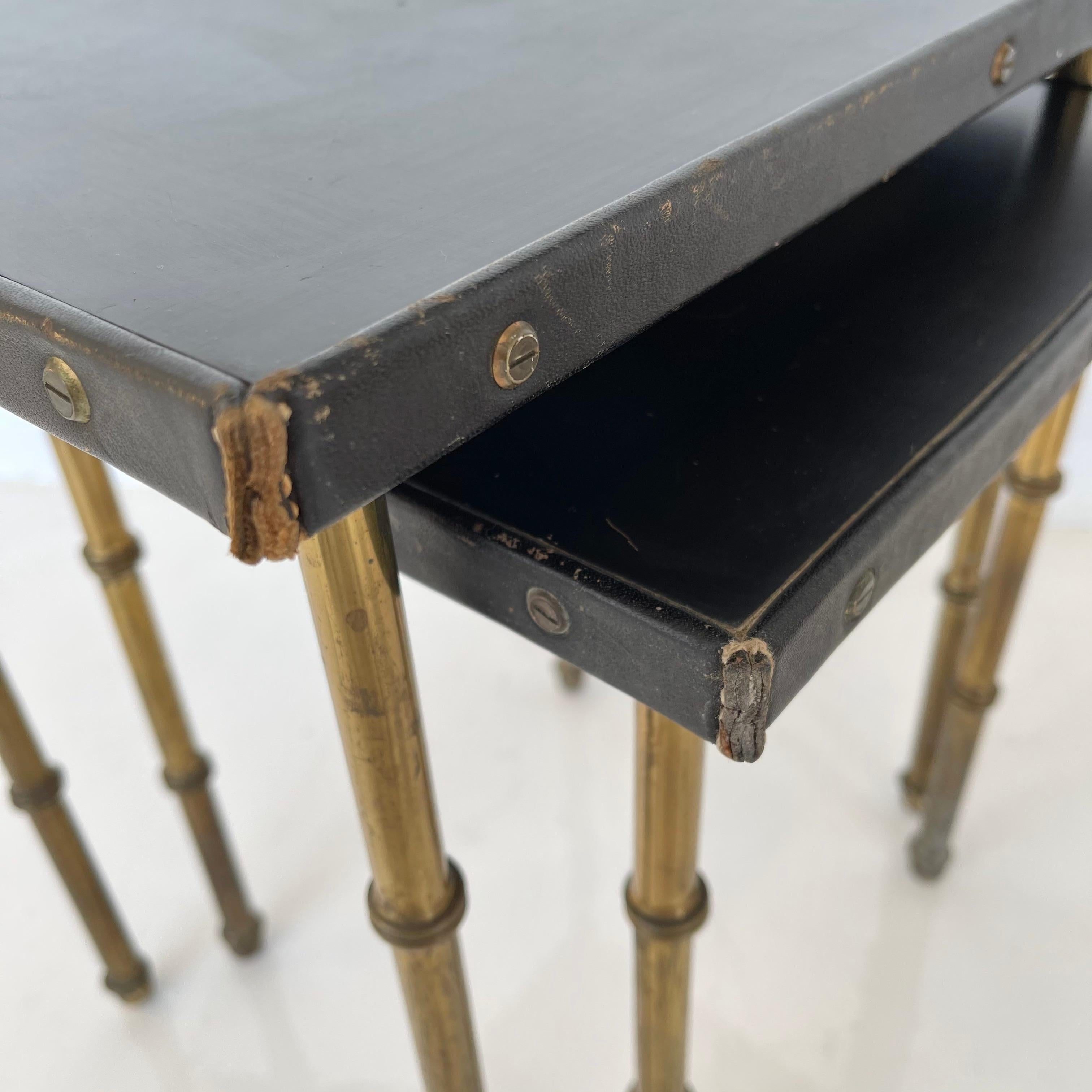 Pair of Jacques Adnet Leather and Brass Nesting Tables, 1950s France 9