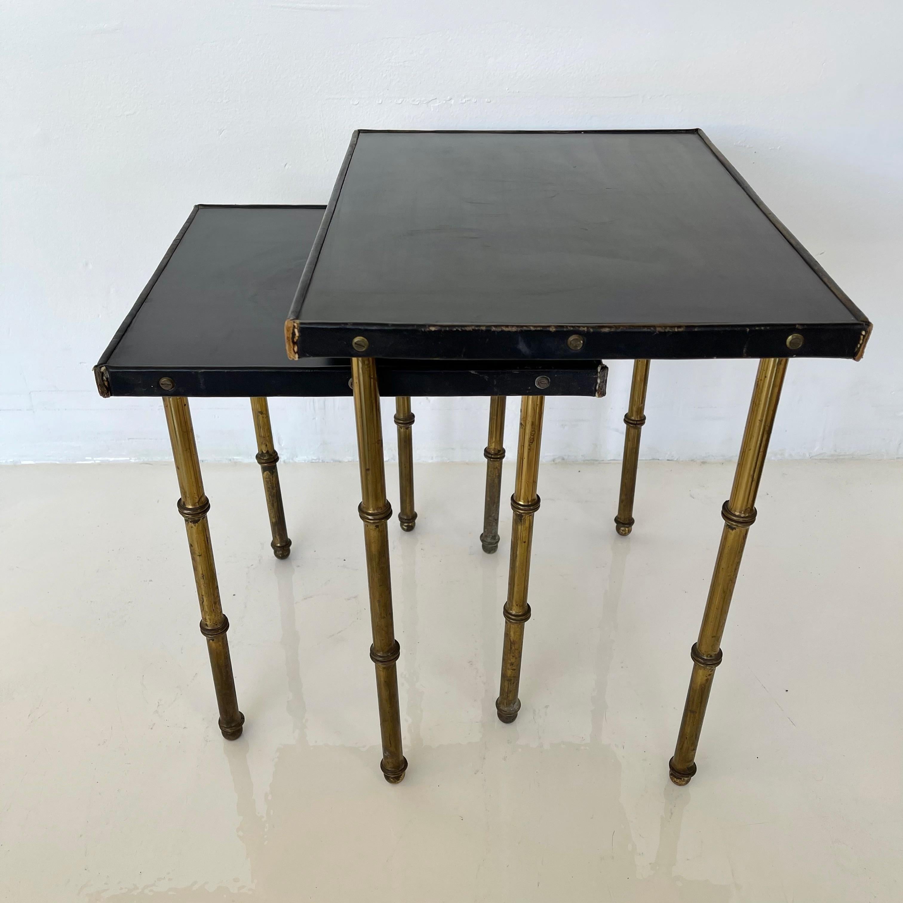 Pair of Jacques Adnet Leather and Brass Nesting Tables, 1950s France 1