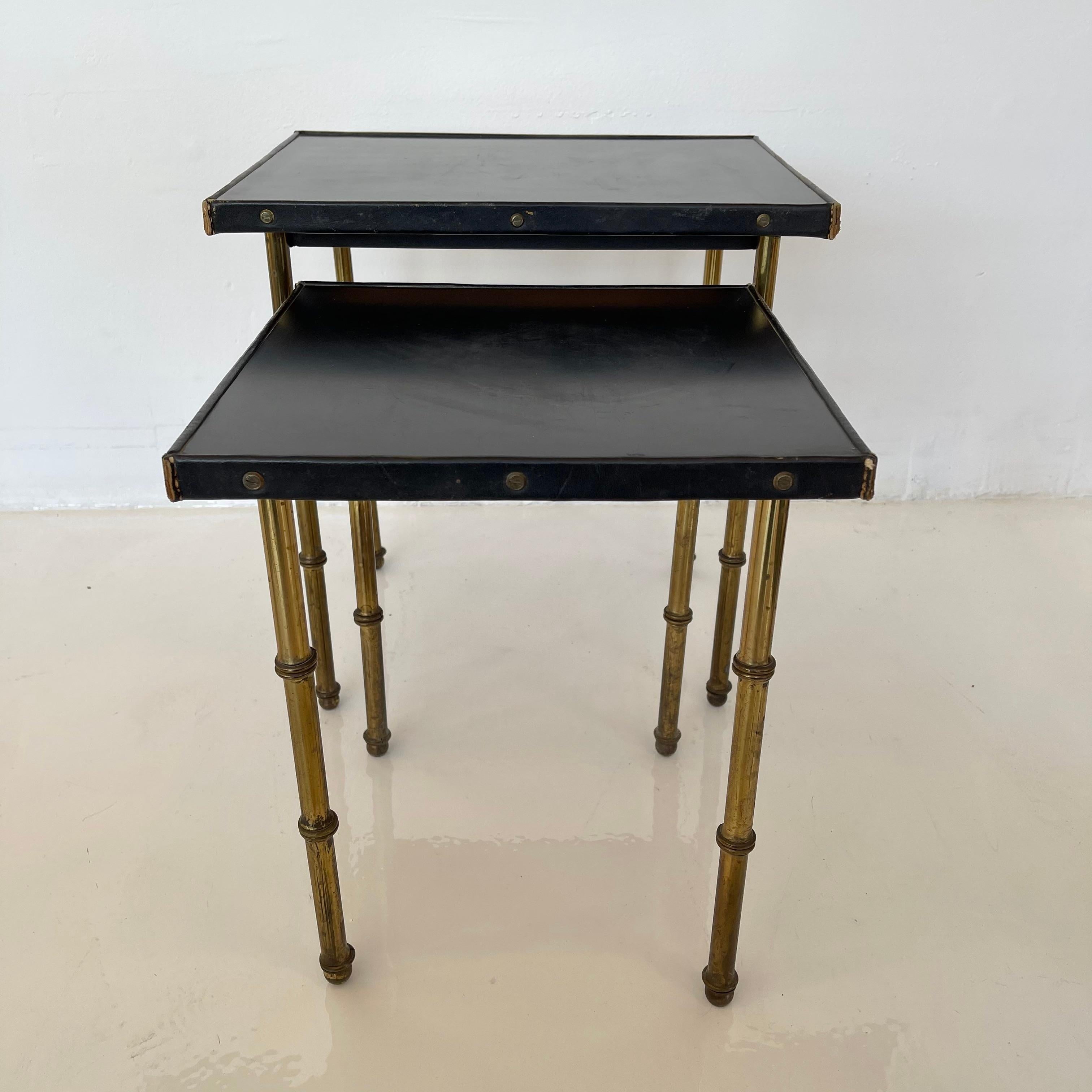Pair of Jacques Adnet Leather and Brass Nesting Tables, 1950s France 2