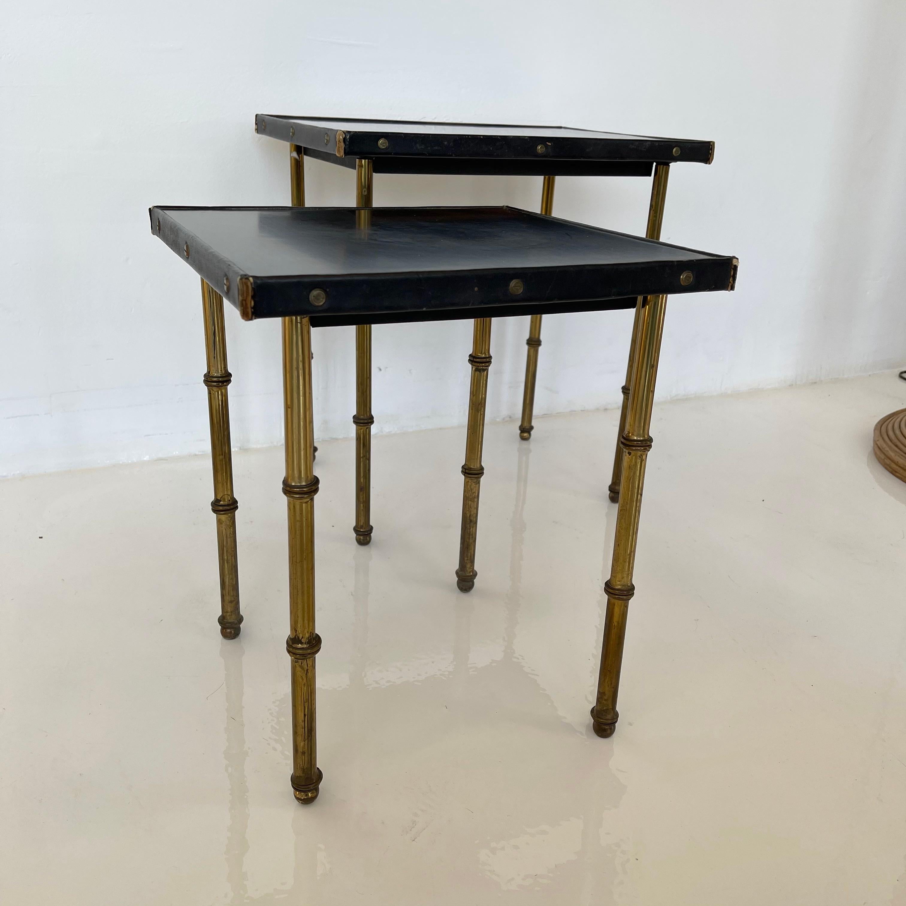 Pair of Jacques Adnet Leather and Brass Nesting Tables, 1950s France 3