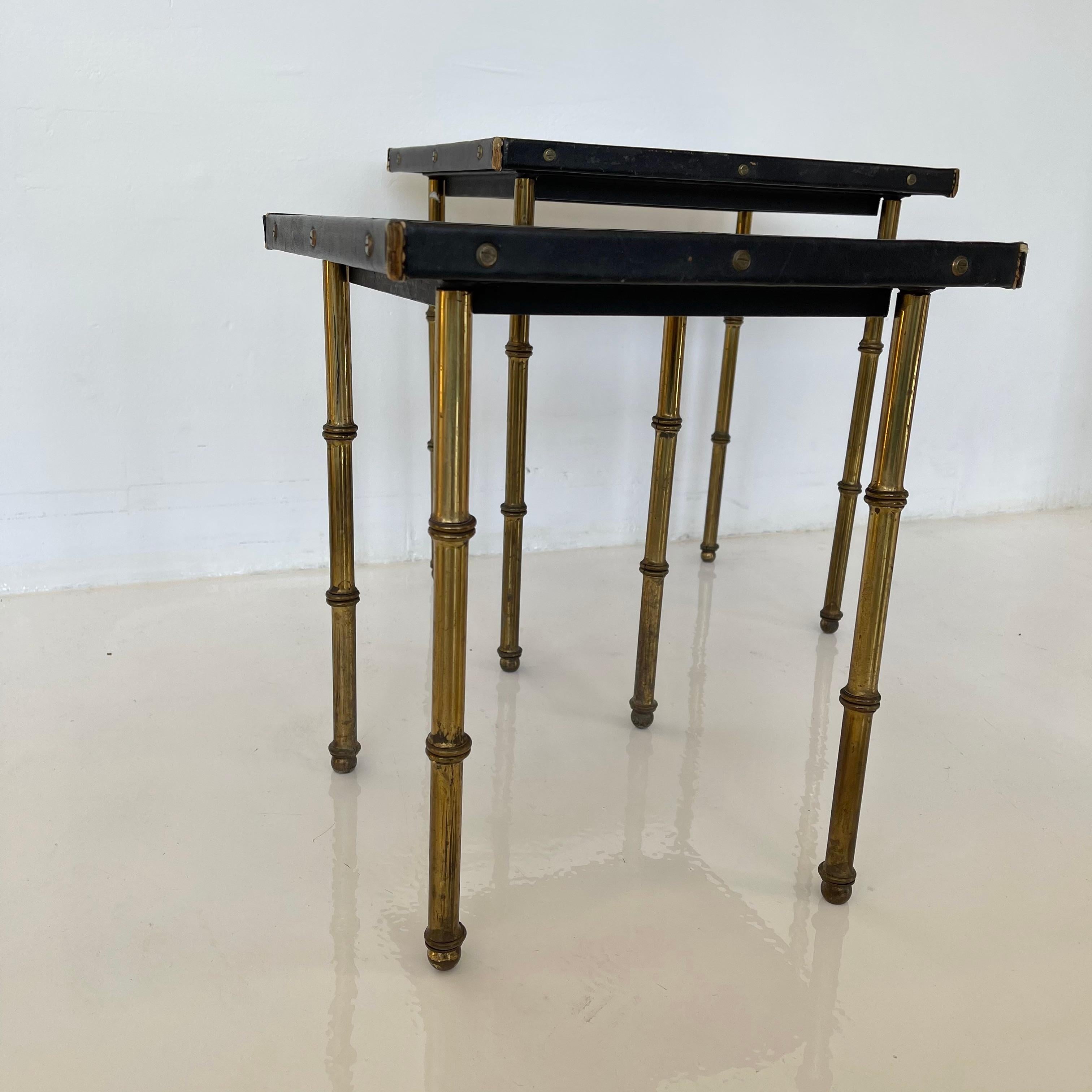 Pair of Jacques Adnet Leather and Brass Nesting Tables, 1950s France 4