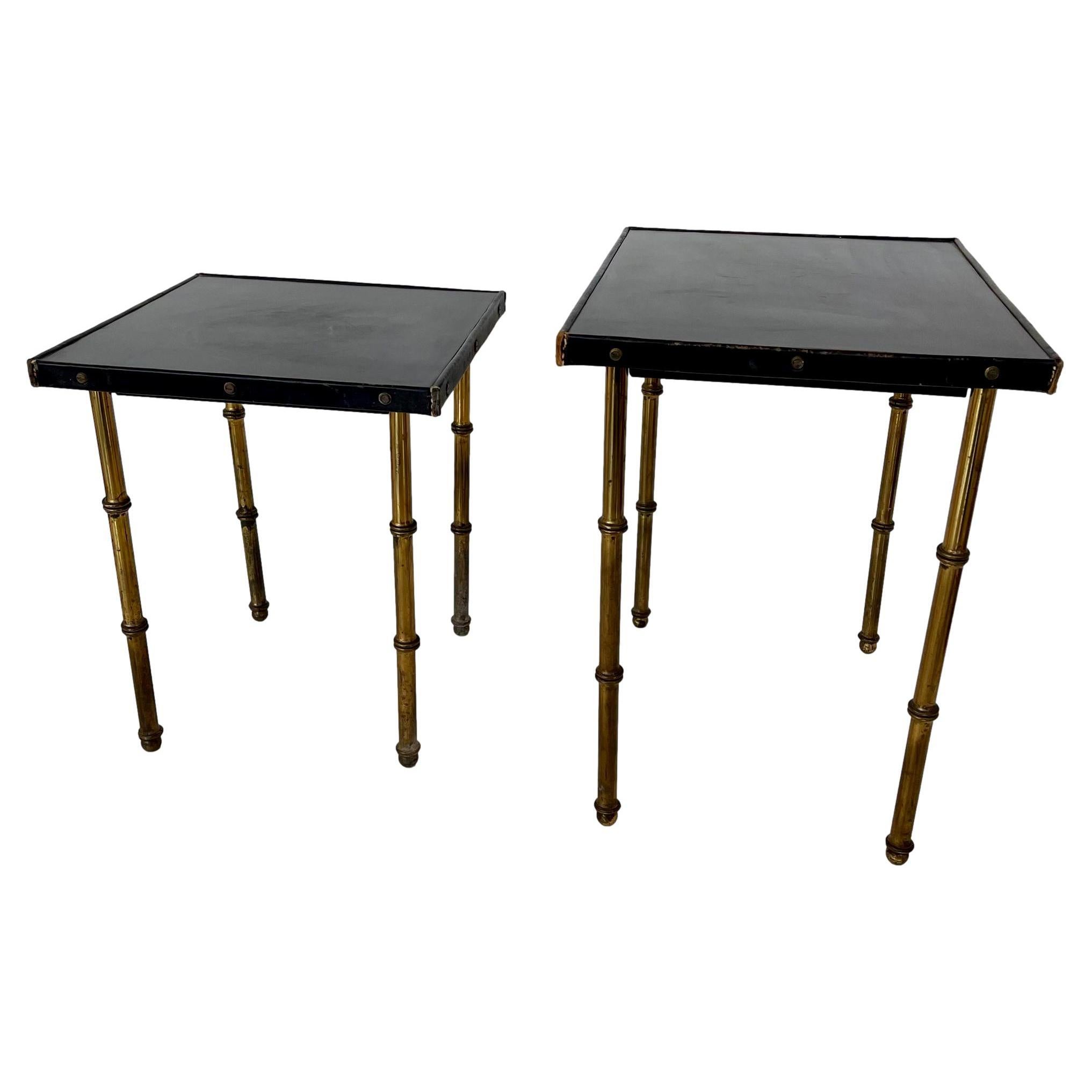 Pair of Jacques Adnet Leather and Brass Nesting Tables, 1950s France