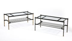 Pair of Matched Jacques Adnet Leather & Brass Coffee Tables, France 1950's