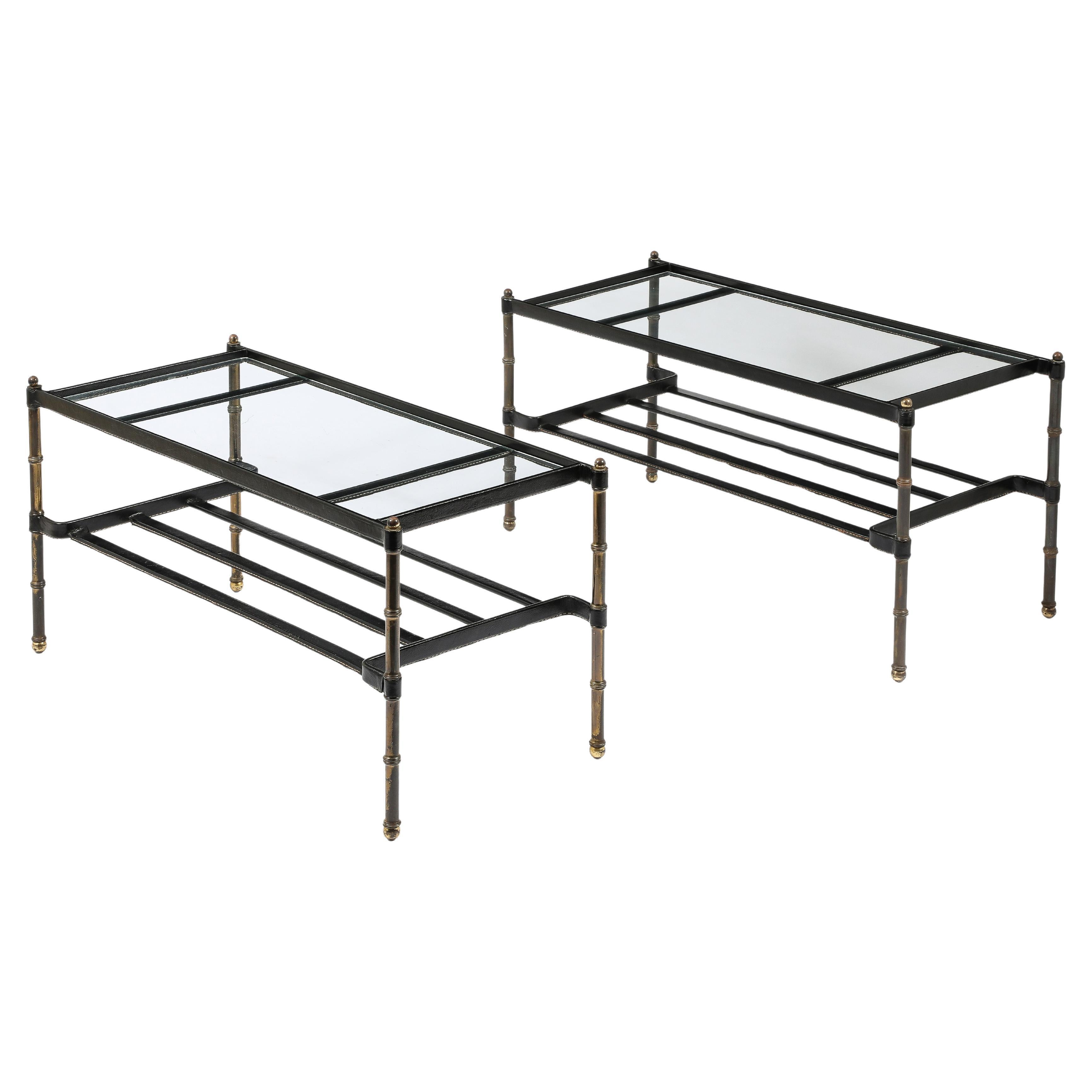Pair of Matched Jacques Adnet Leather & Brass Coffee Tables, France 1950's
