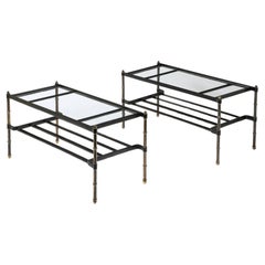 Pair of Matched Jacques Adnet Leather & Brass Coffee Tables, France 1950's