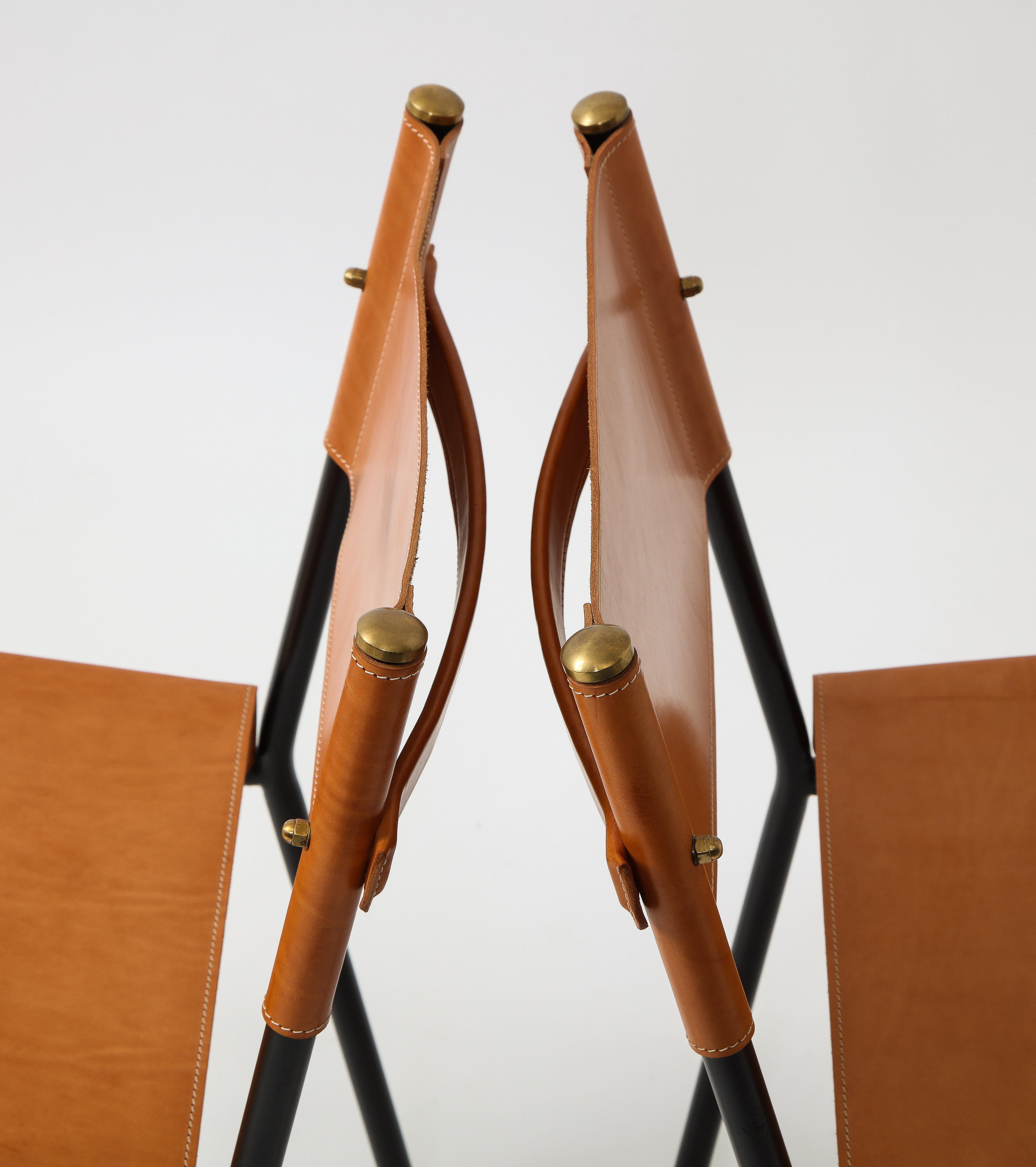 Mid-Century Modern Paire de chaises de salle à manger en cuir Jacques Adnet en vente
