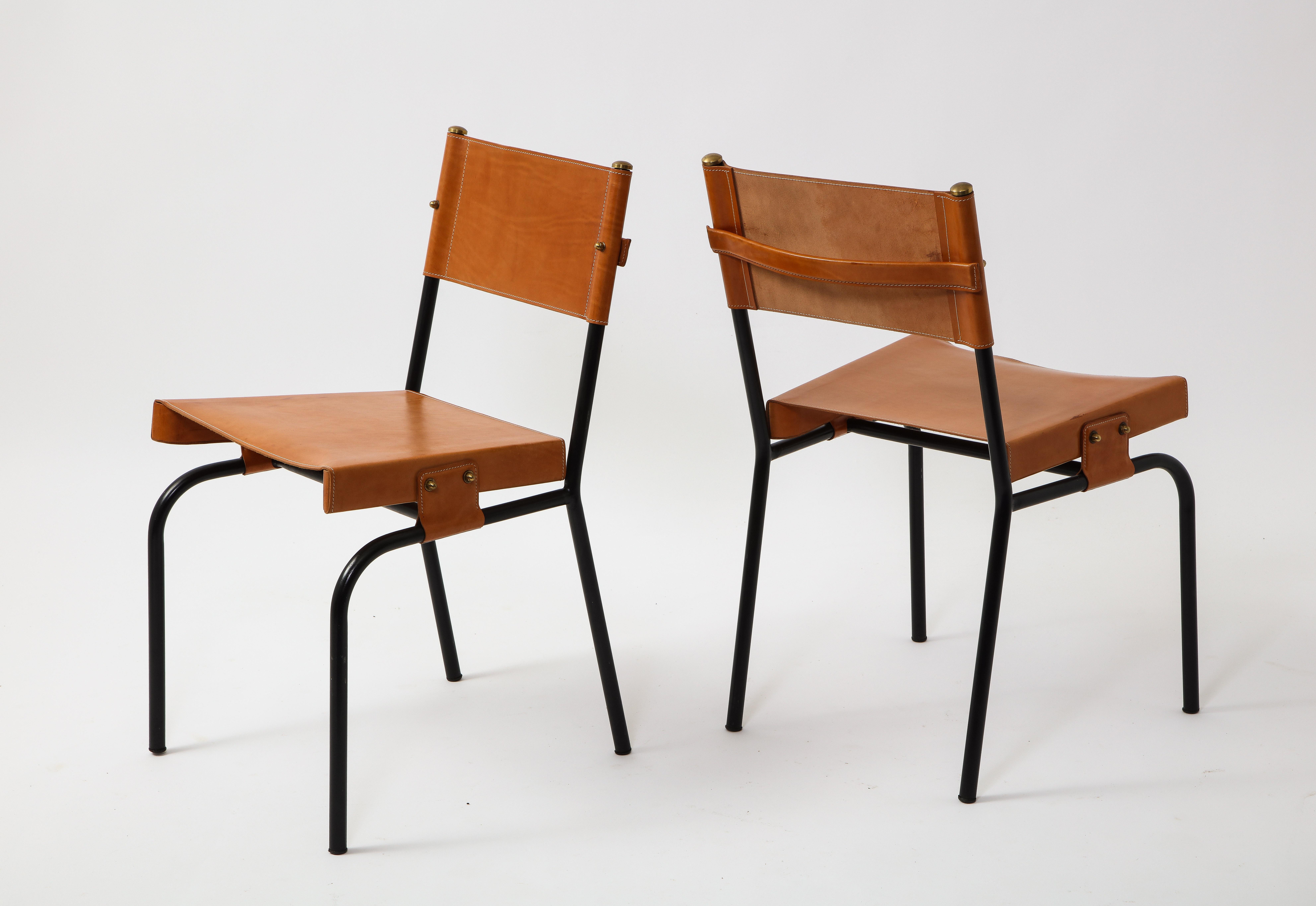 Mid-Century Modern Pair of Jacques Adnet Leather Dining Chairs For Sale