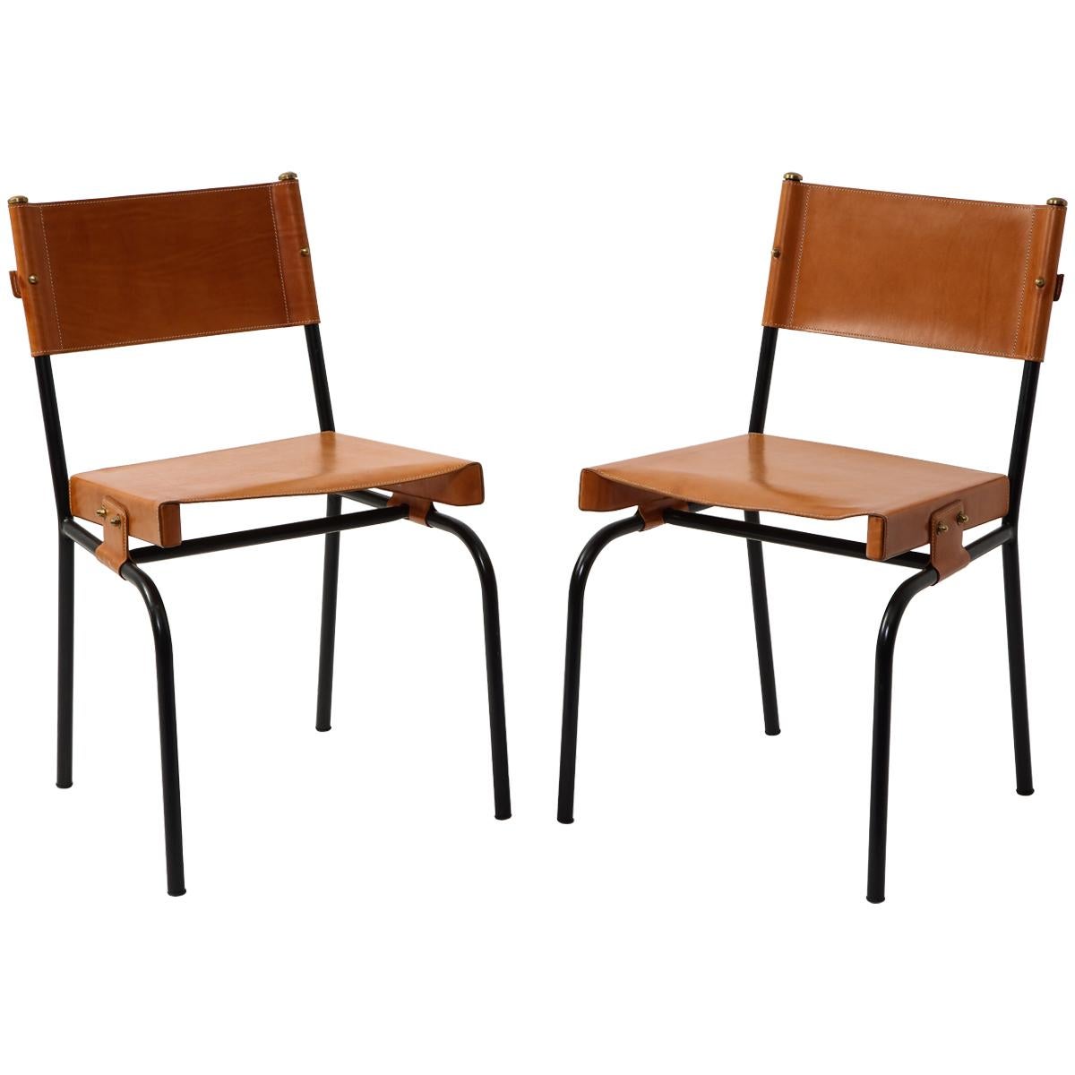 Pair of Jacques Adnet Leather Dining Chairs For Sale