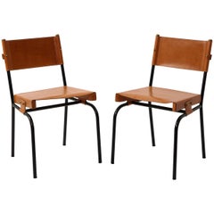 Vintage Pair of Jacques Adnet Leather Dining Chairs