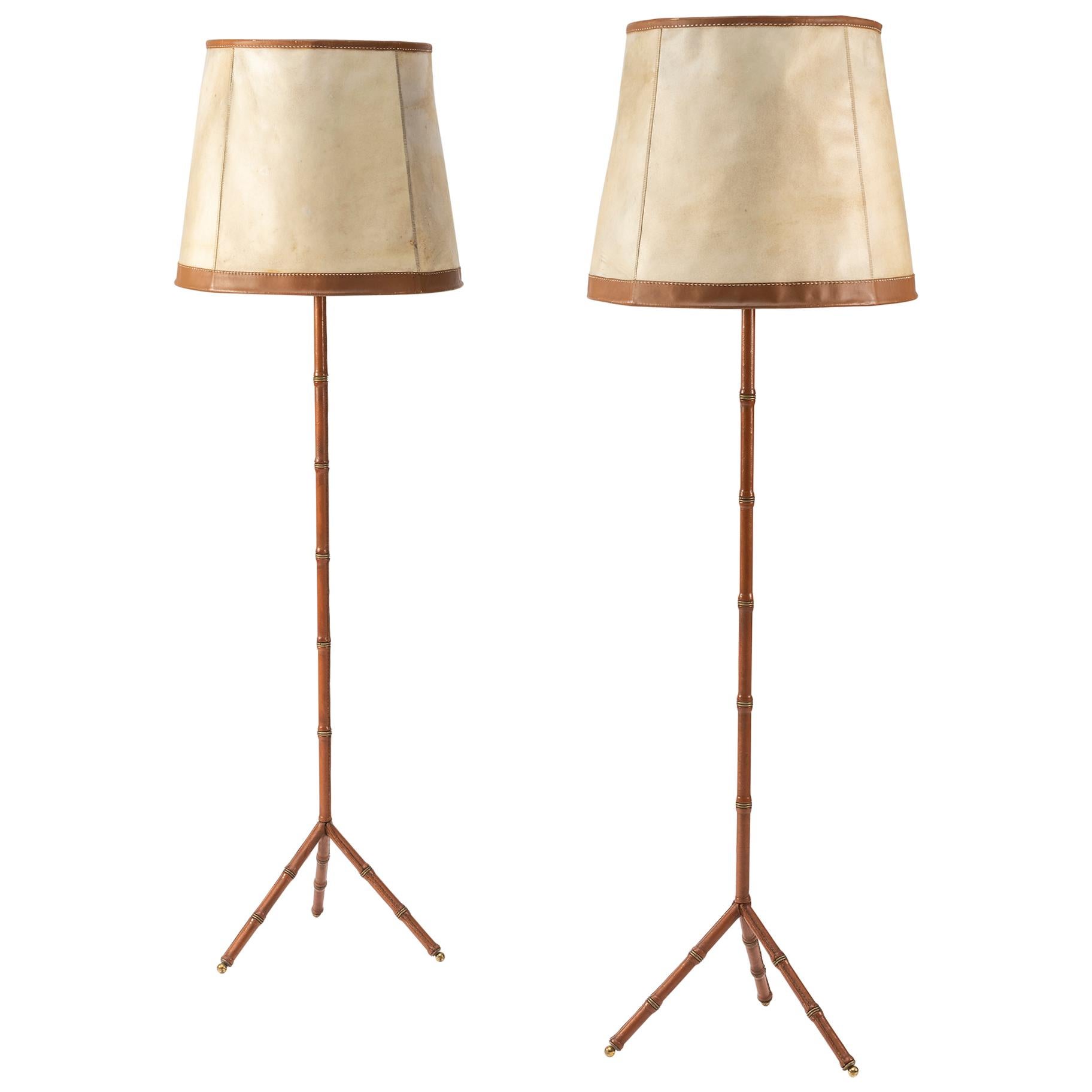 Pair of Jacques Adnet Leather Floor Lamps
