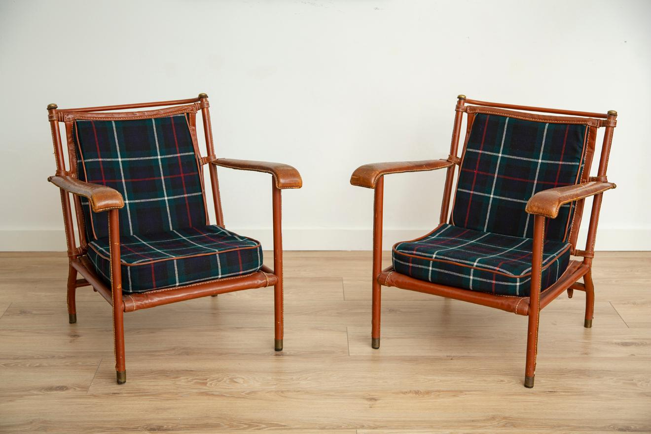 Brass Pair of Jacques Adnet Lounge Chairs
