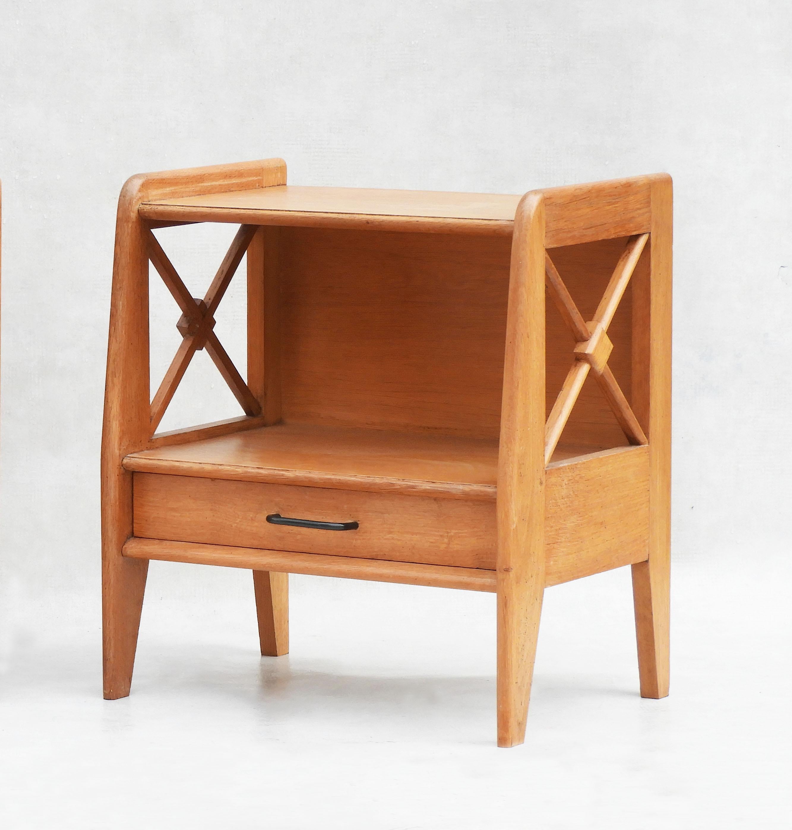 Carved Pair of Jacques Adnet Oak Night Stands C1950 For Sale