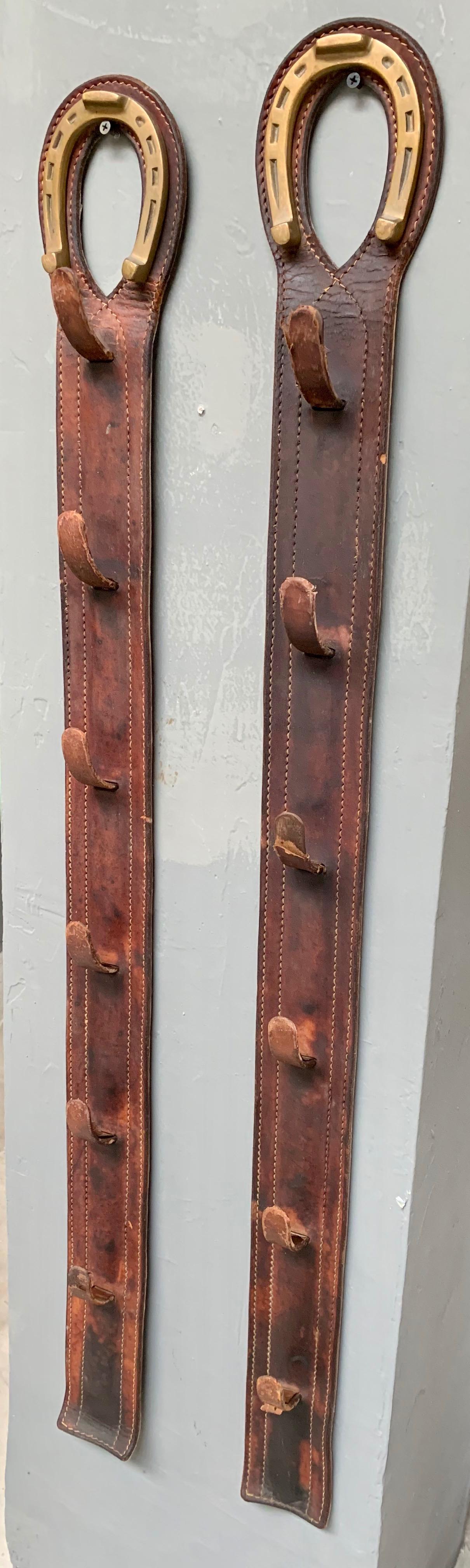 Mid-20th Century Pair of Jacques Adnet Oversized Leather Coat Racks