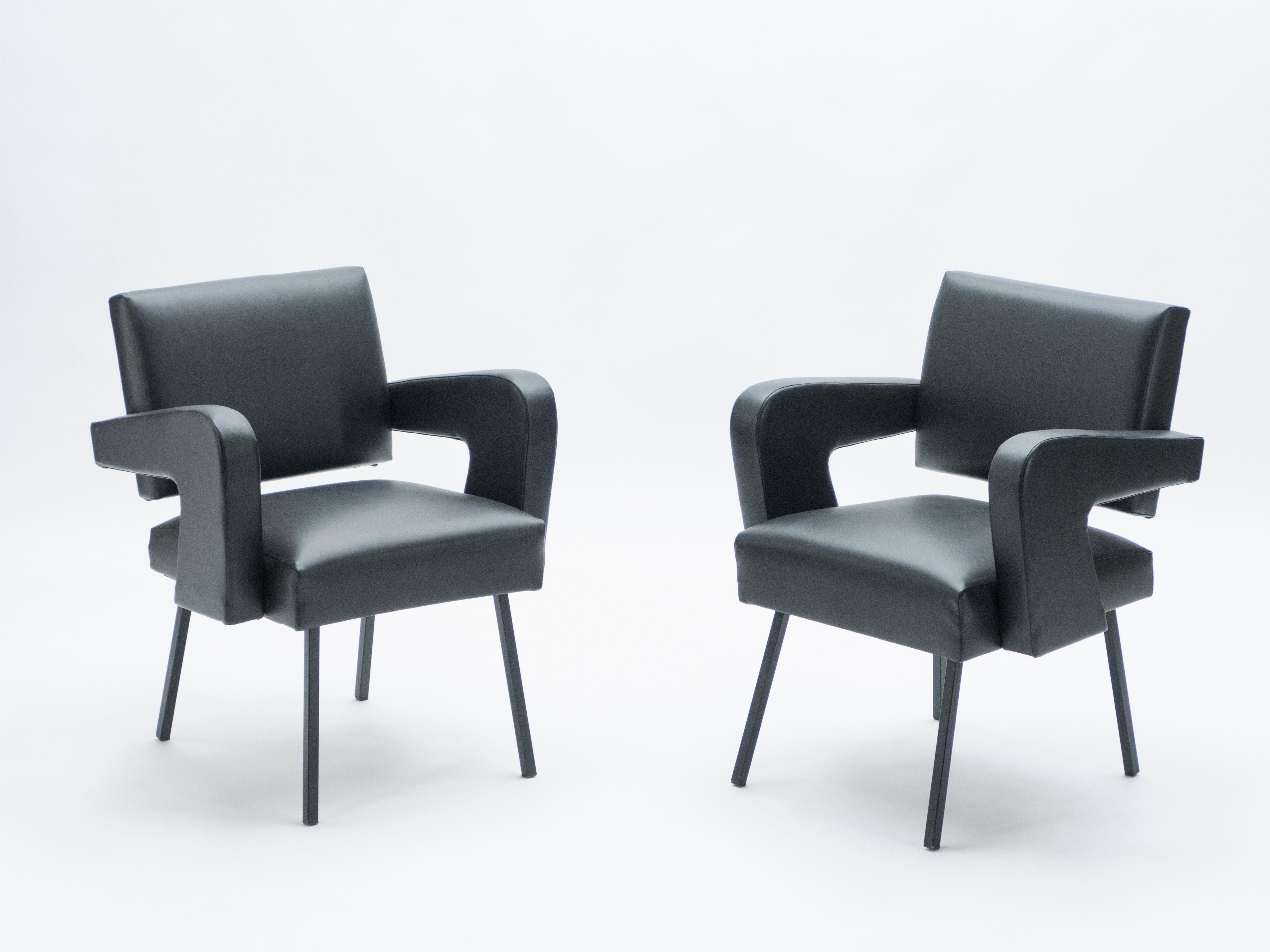 This set of armchairs named President designed in 1959 by French designer Jacques Adnet are a rare, exciting find. Upholstered in high-quality leatherette, the chairs are emblematic of Adnet’s philosophies in furniture design. They’re exceedingly