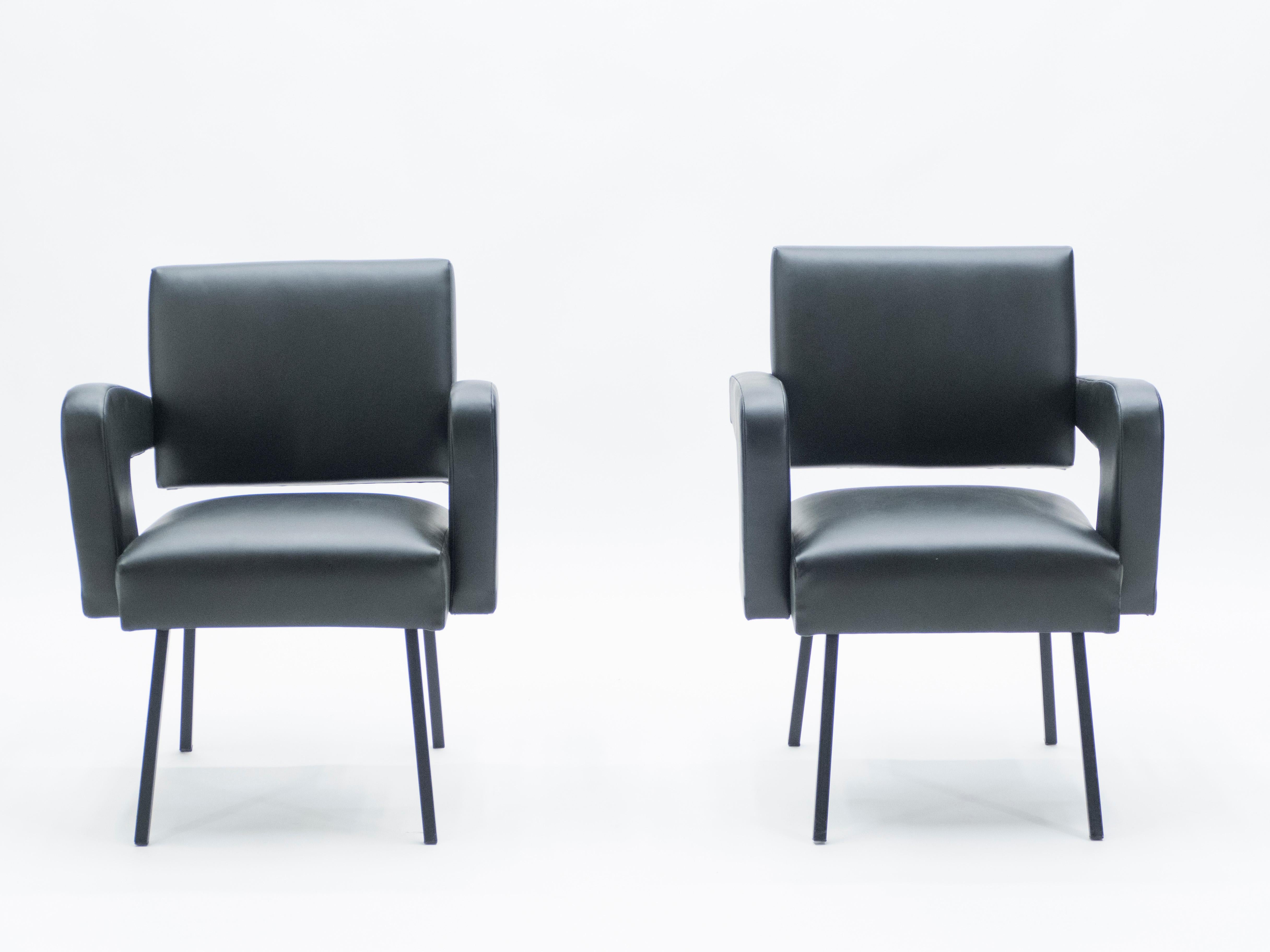Mid-Century Modern Pair of Jacques Adnet “President” Leatherette Armchairs, 1959