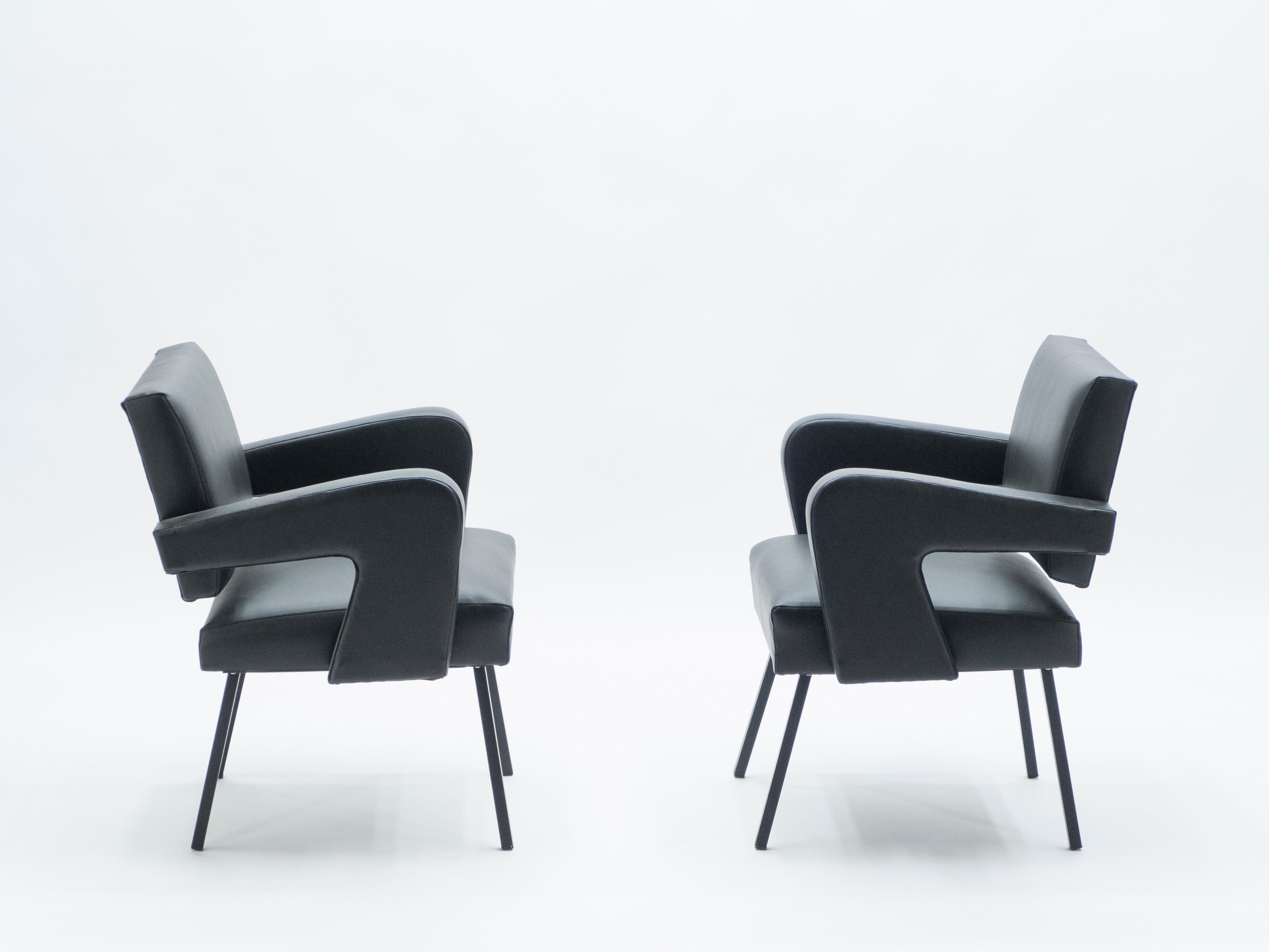 French Pair of Jacques Adnet “President” Leatherette Armchairs, 1959